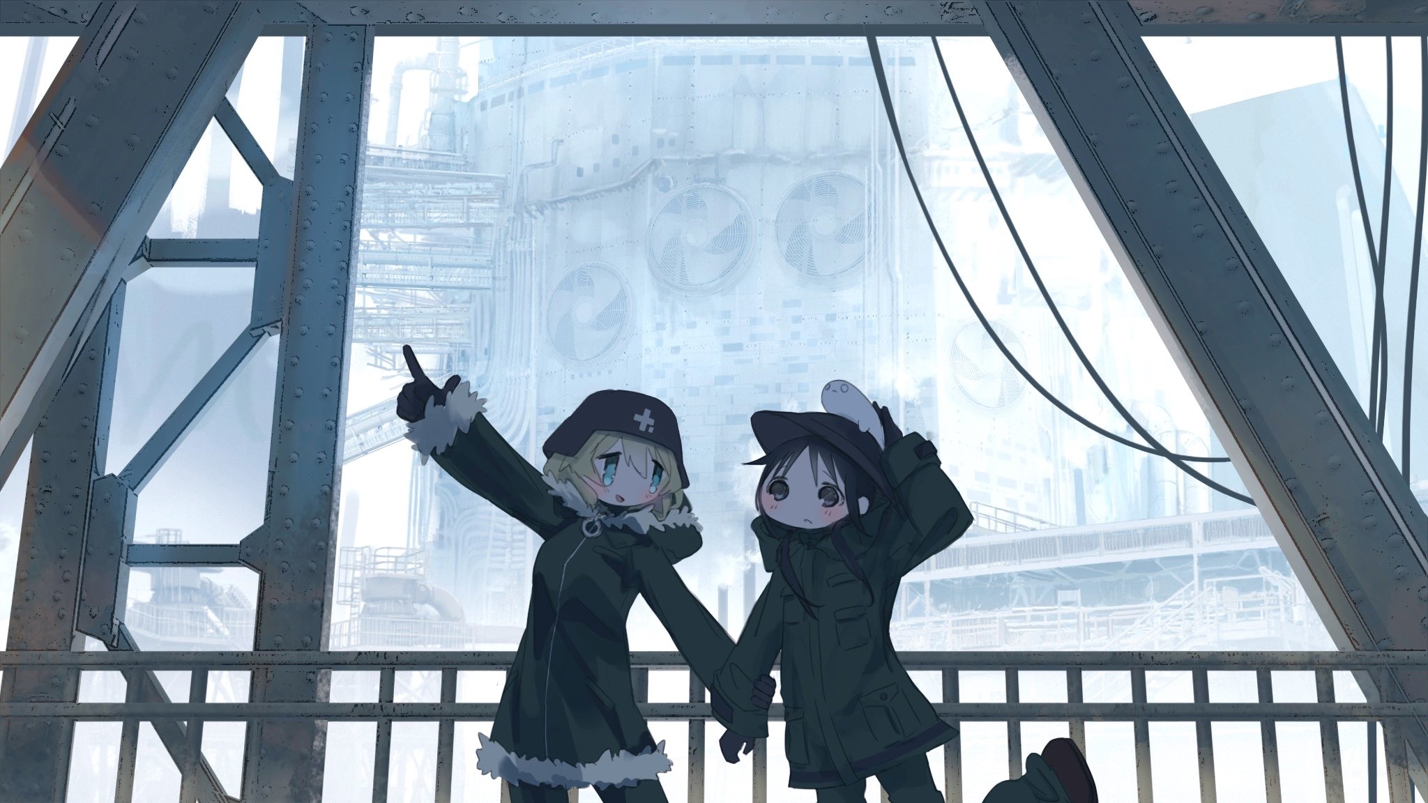 Shoujo Shuumatsu Ryokou: Two girls in coats pointing in the cold HD Wallpaper
