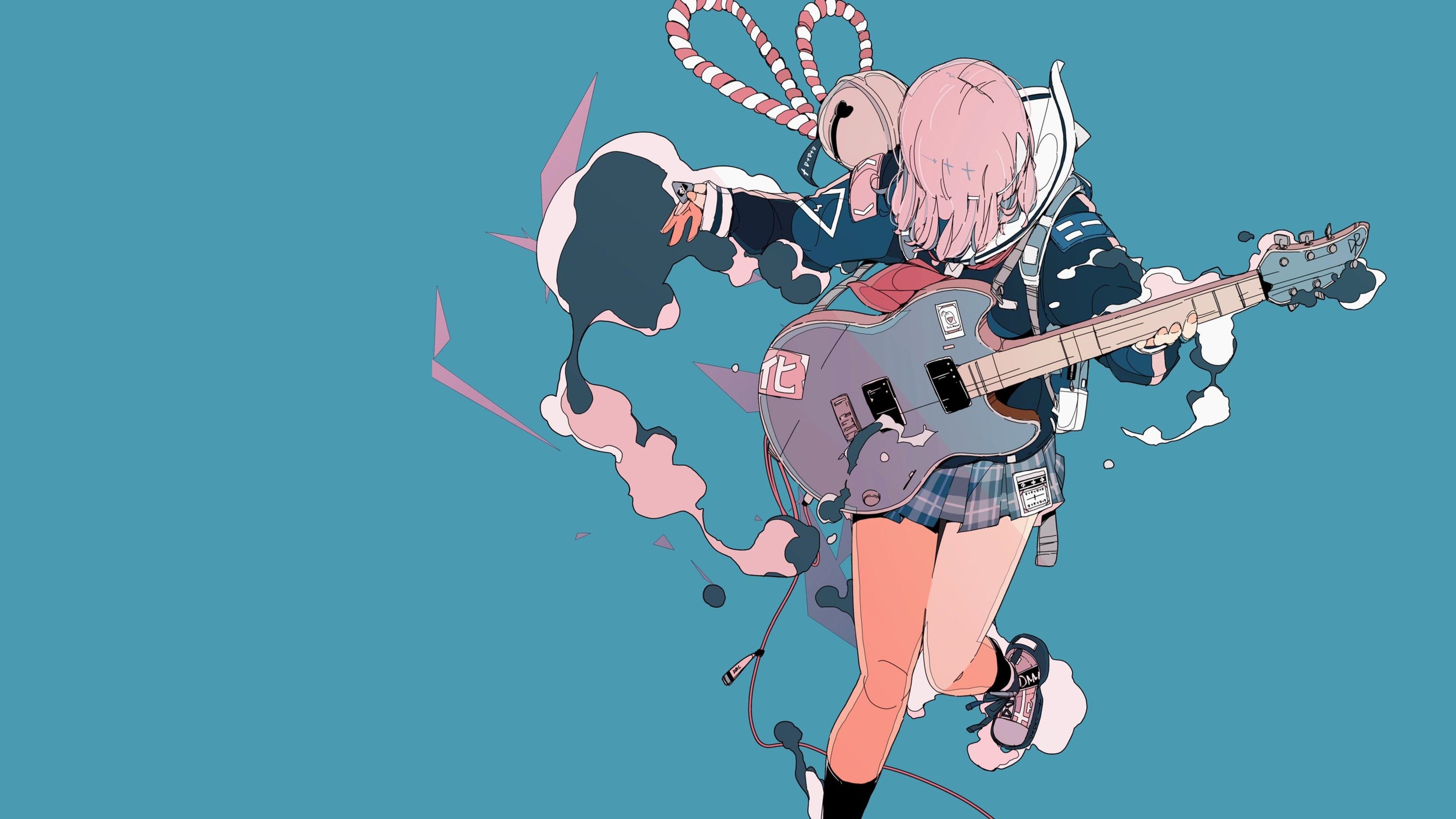 4K anime girl playing guitar with bells HD Wallpaper