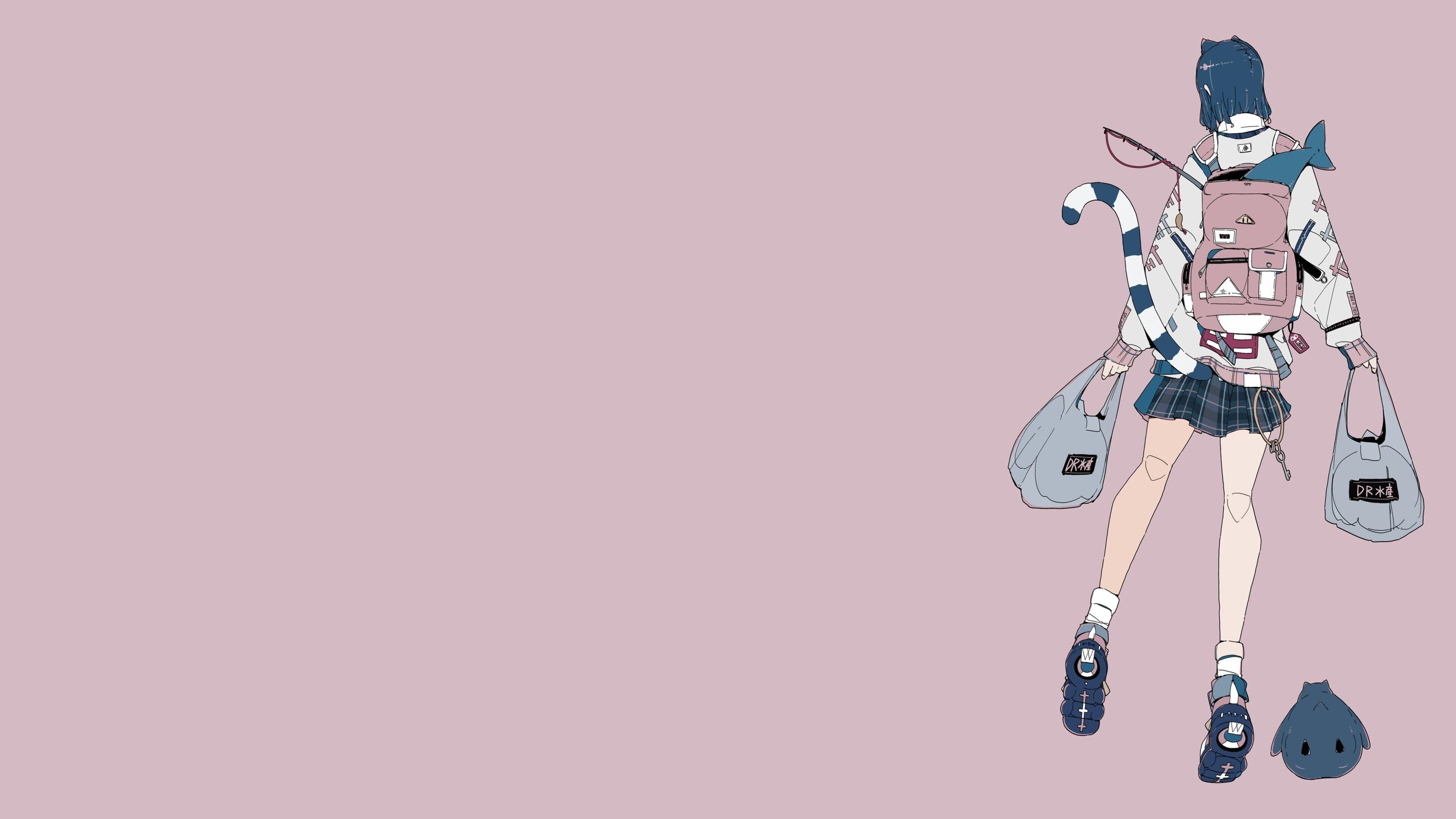 4K Cat girl with backpack and shopping bags HD Wallpaper