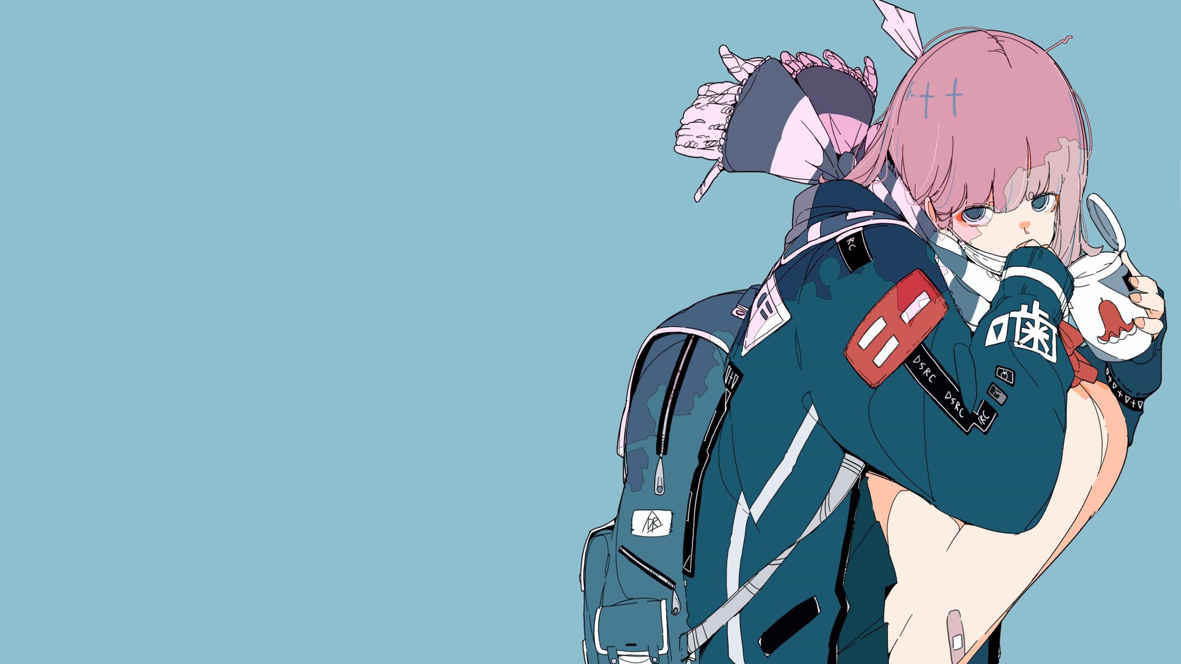 4K anime girl with pink hair and backpack HD Wallpaper