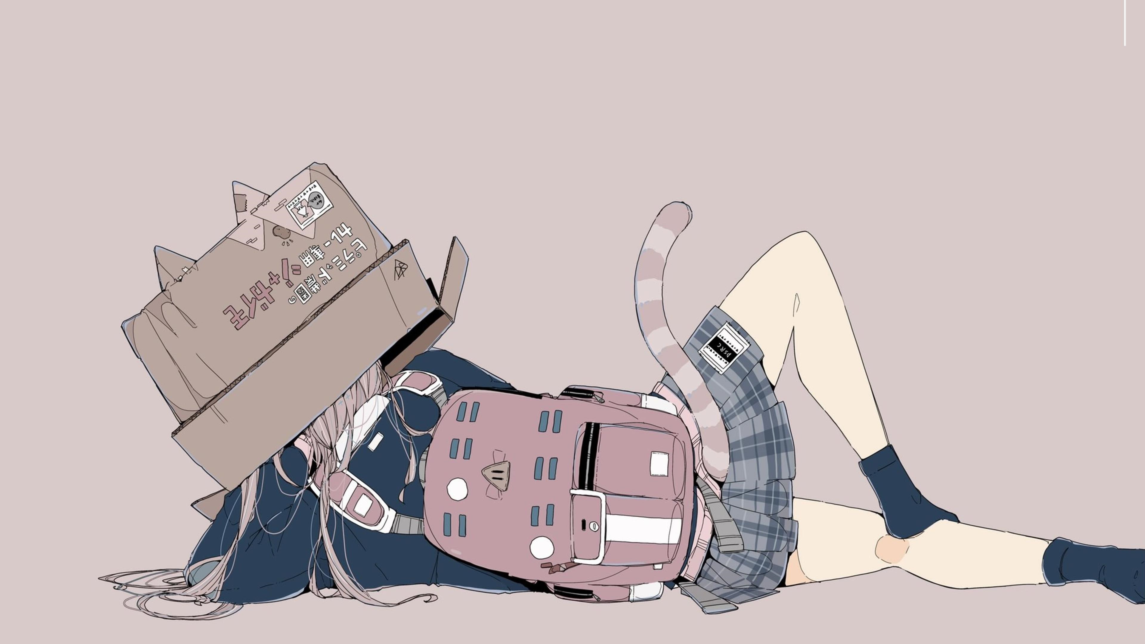 Cat girl with box head and backpack lying down HD Wallpaper