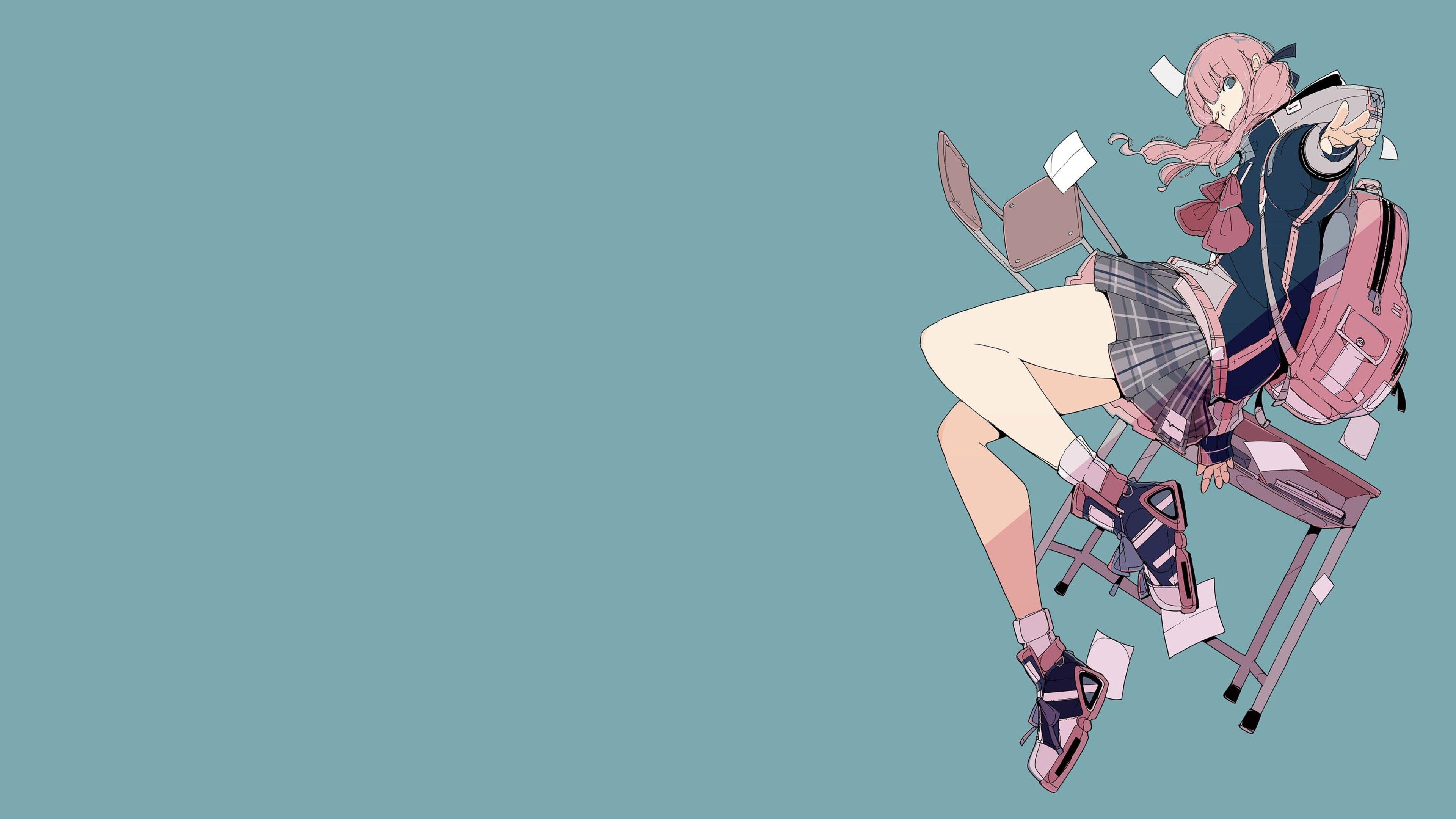 4K anime girl with pink hair and backpack HD Wallpaper