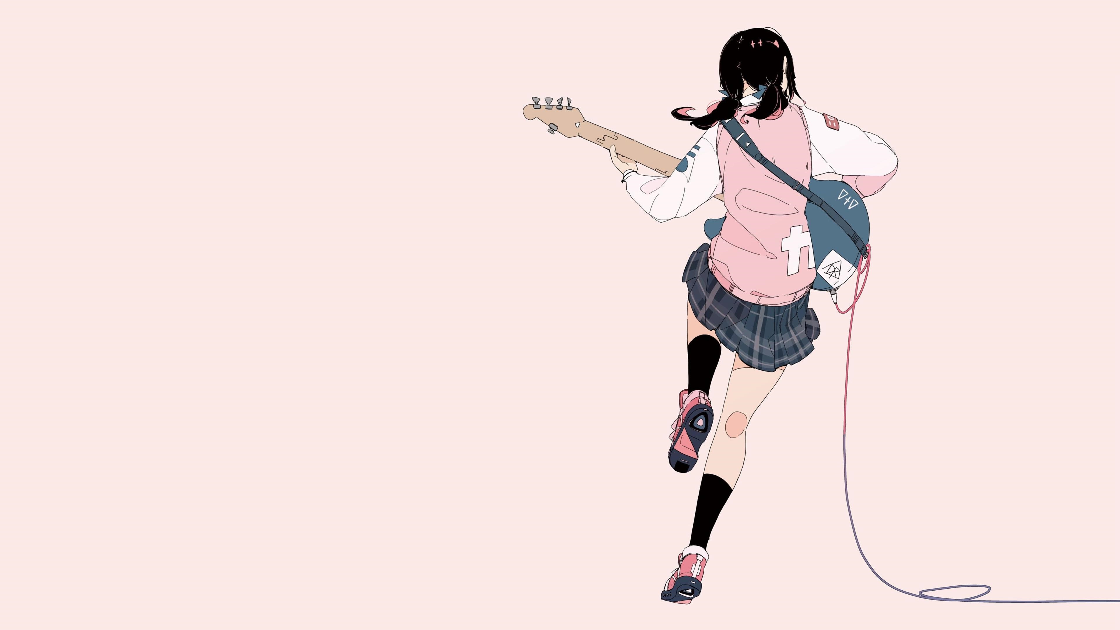 Girl playing guitar with pink jacket and plaid skirt HD Wallpaper