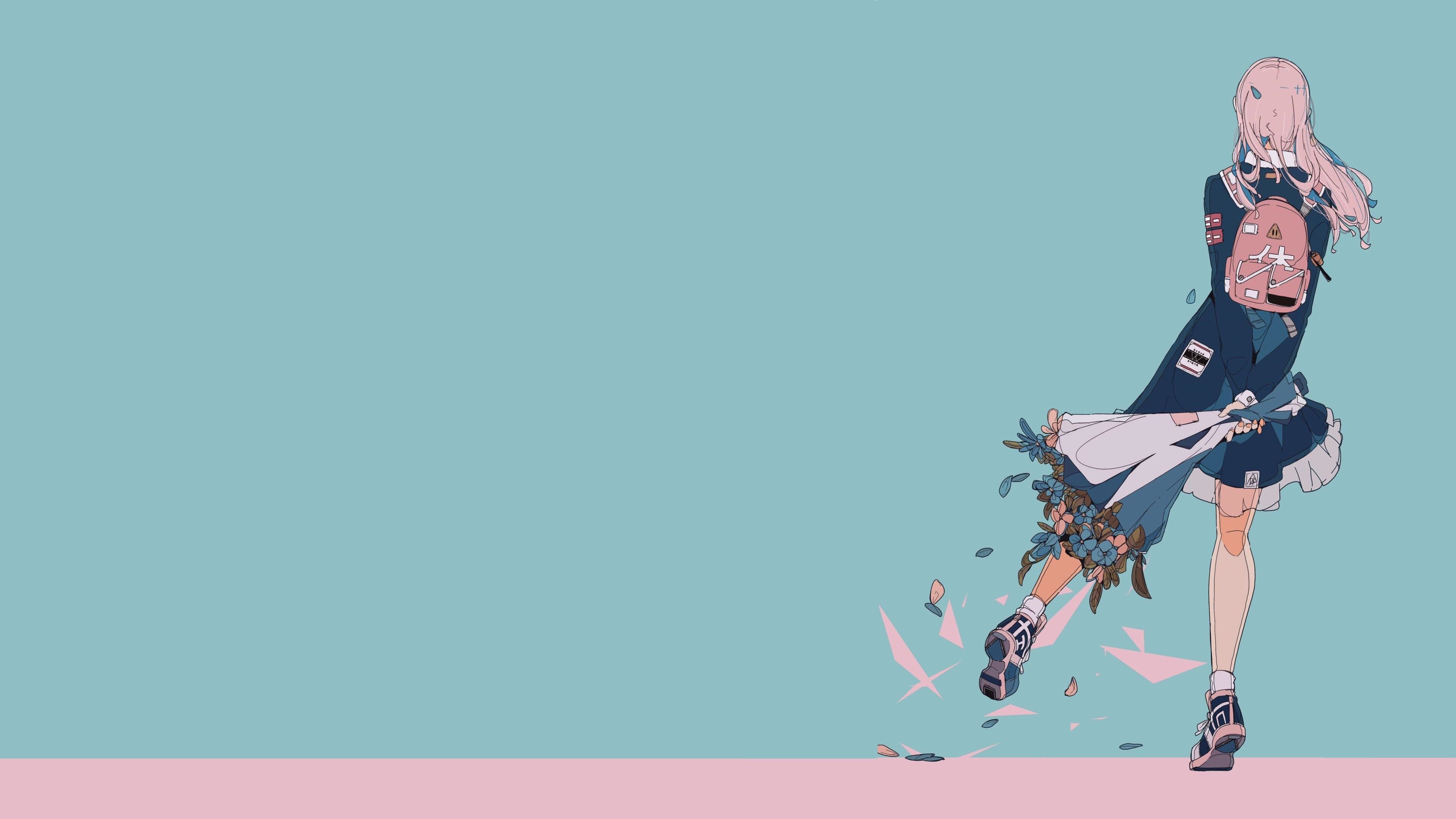 4K anime girl with pink hair and backpack HD Wallpaper