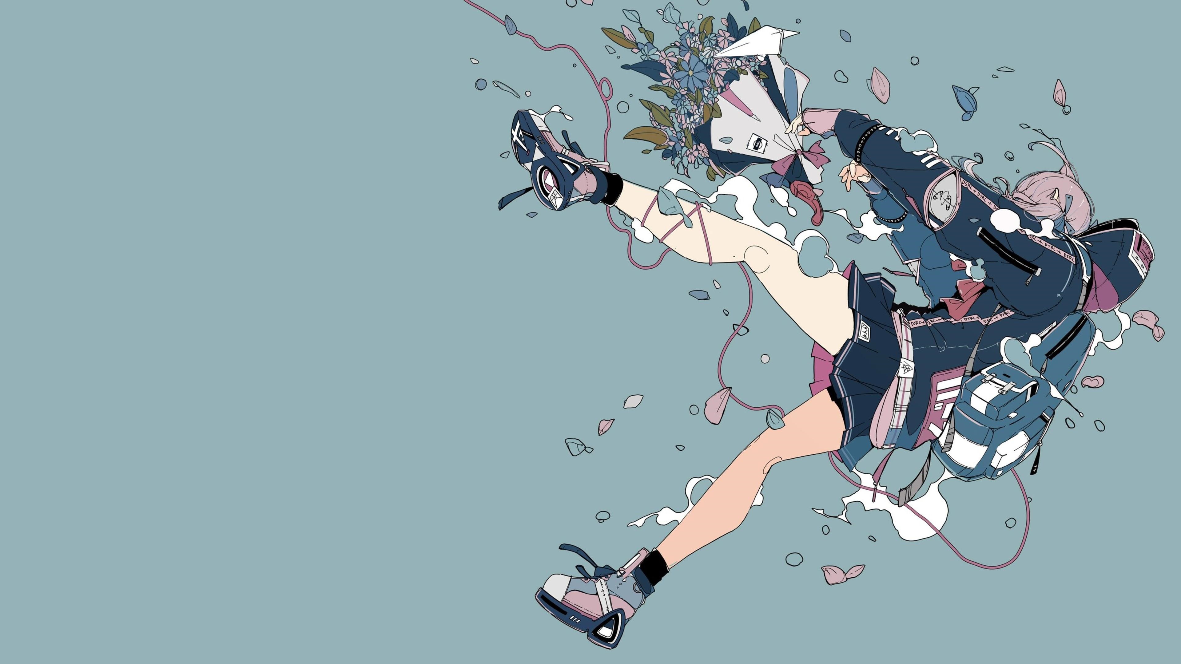 Girl with backpack and flowers in blue background HD Wallpaper