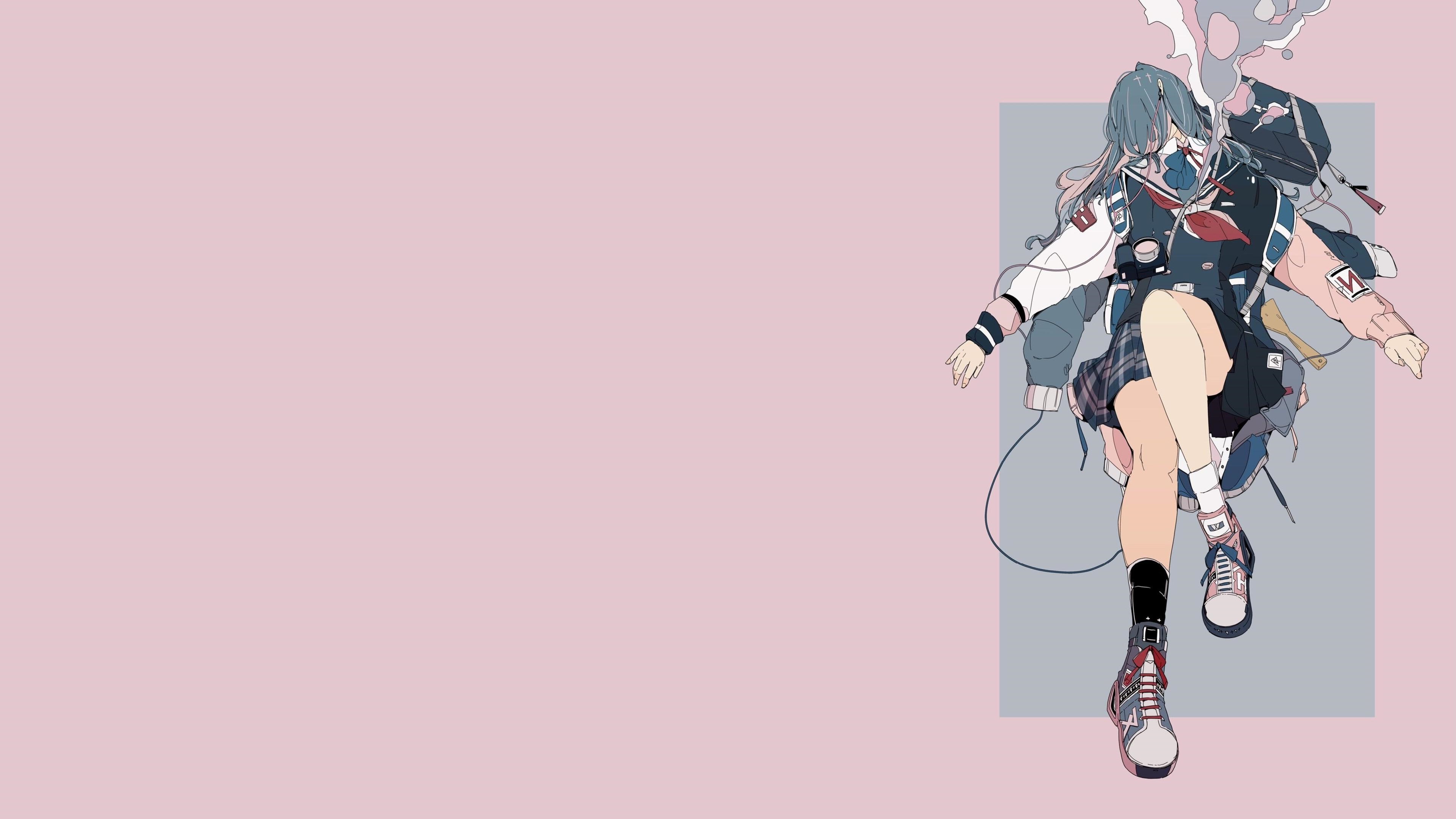 4K anime girl with backpack and camera HD Wallpaper