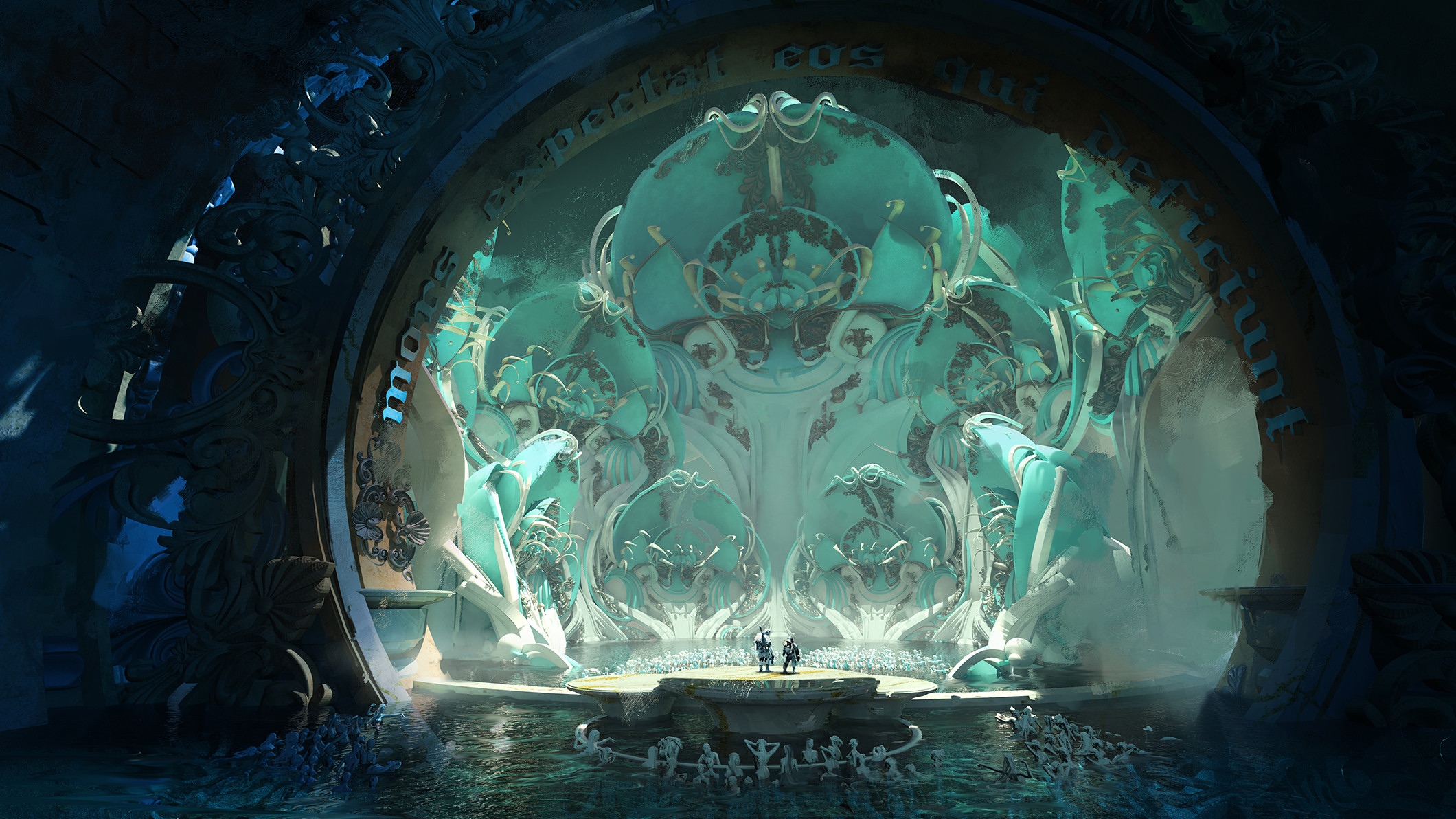Digital art of a temple with water HD Wallpaper