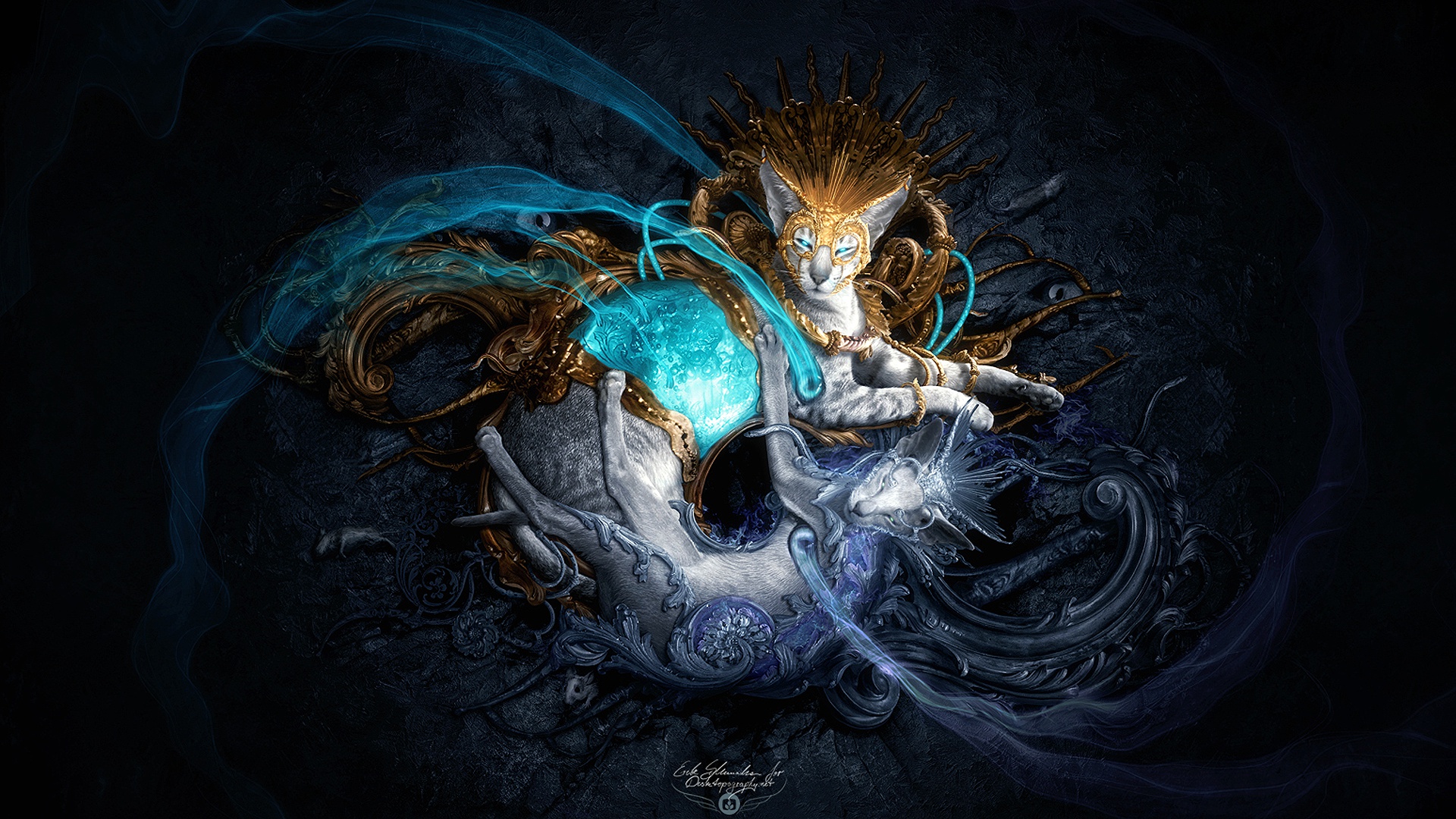 Ying and Yang Fantasy Cats with Glowing Crystal HD Wallpaper