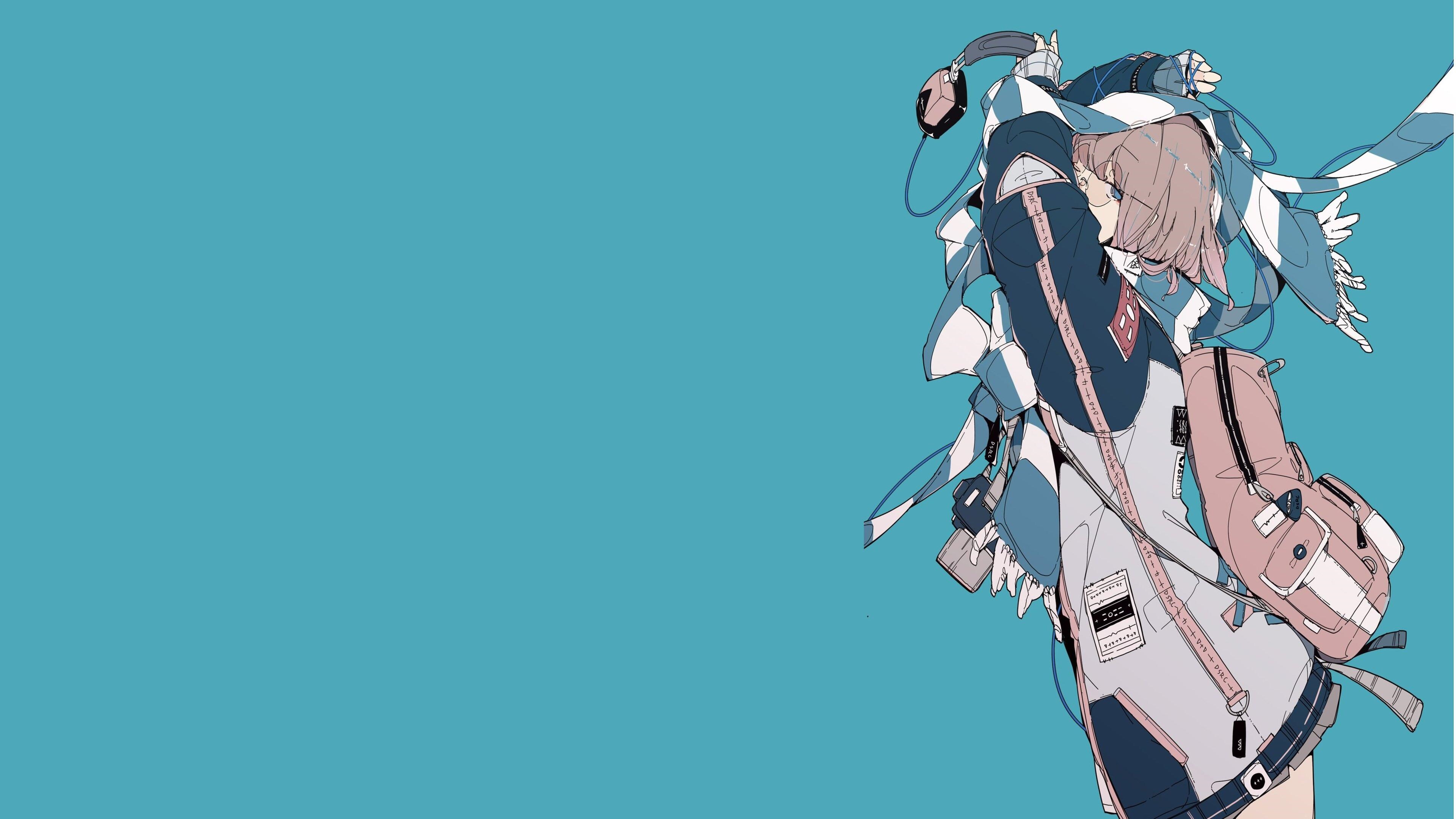 4K anime girl with headphones and backpack HD Wallpaper