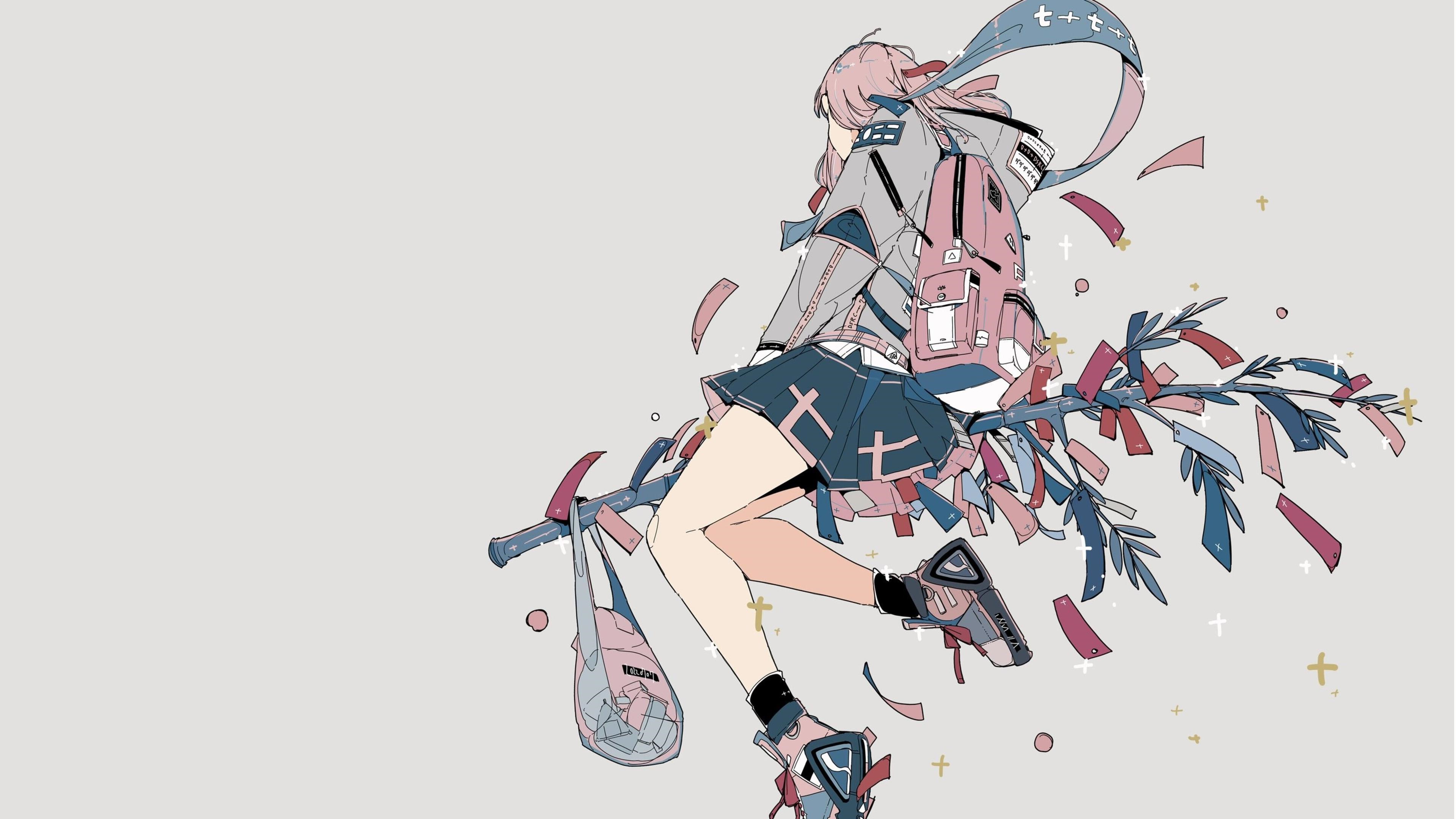 4K anime girl with pink hair and backpack HD Wallpaper