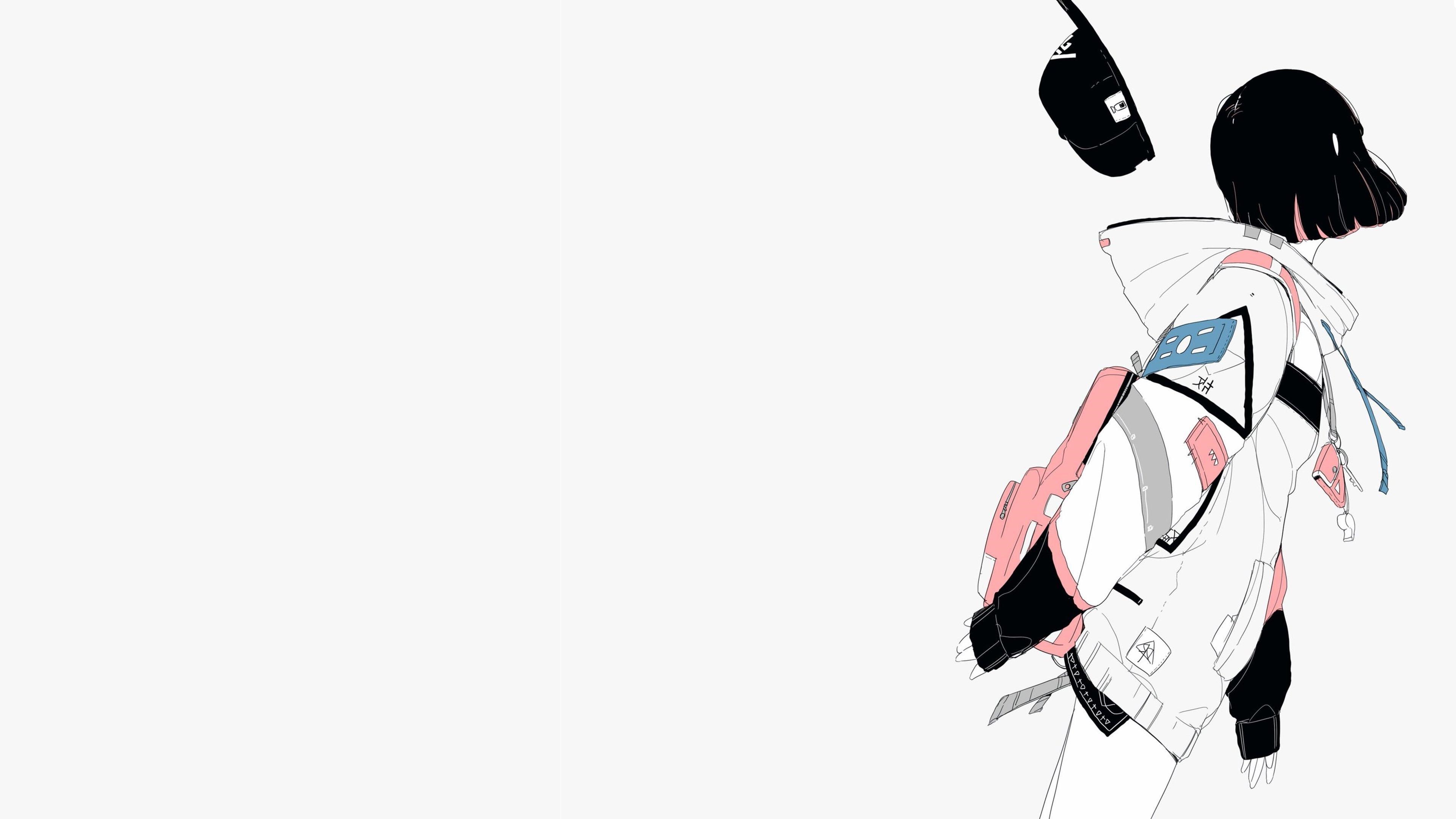 Girl with backpack and hat, white background HD Wallpaper