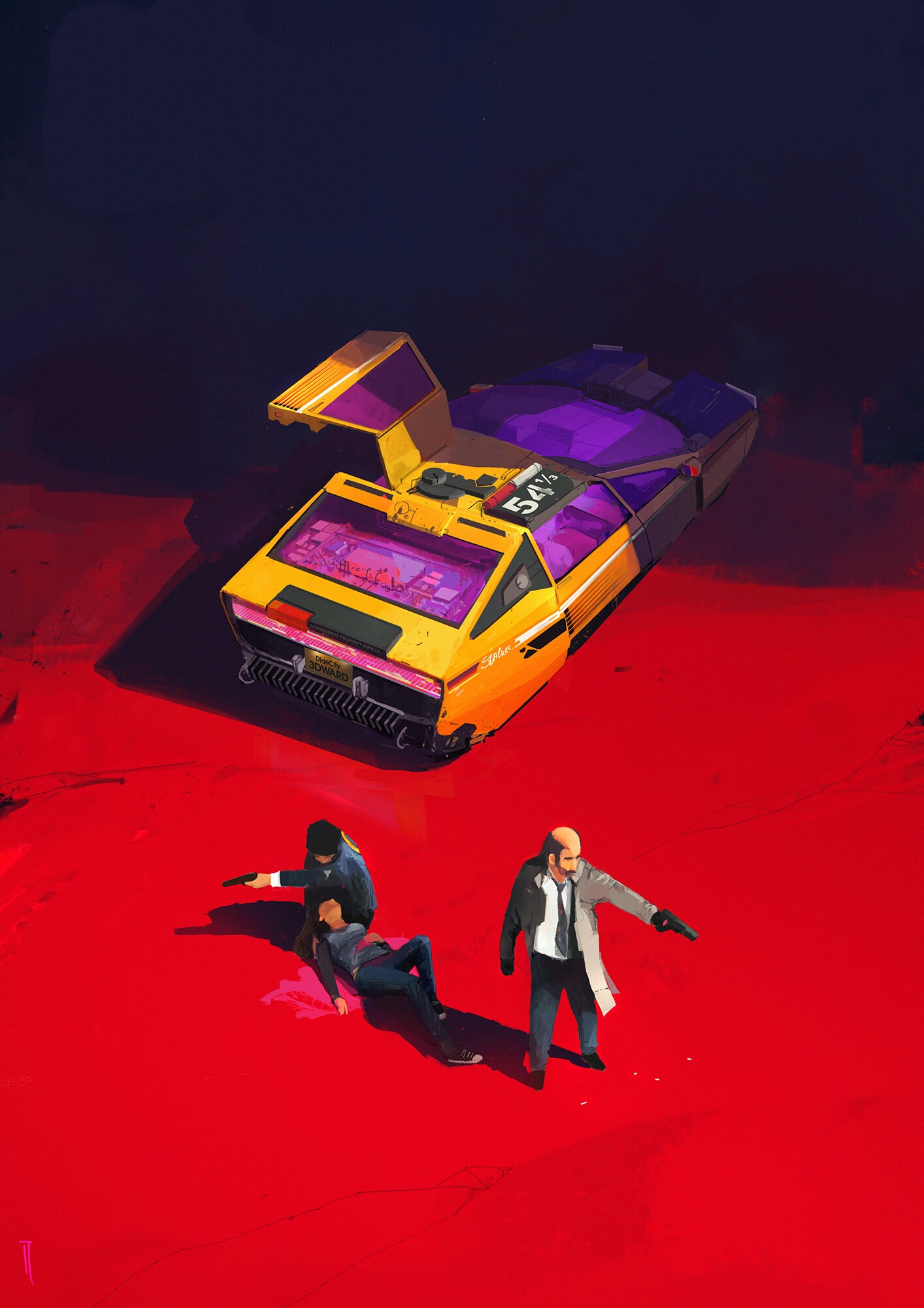 Futuristic car with people and guns on red ground HD Phone Wallpaper