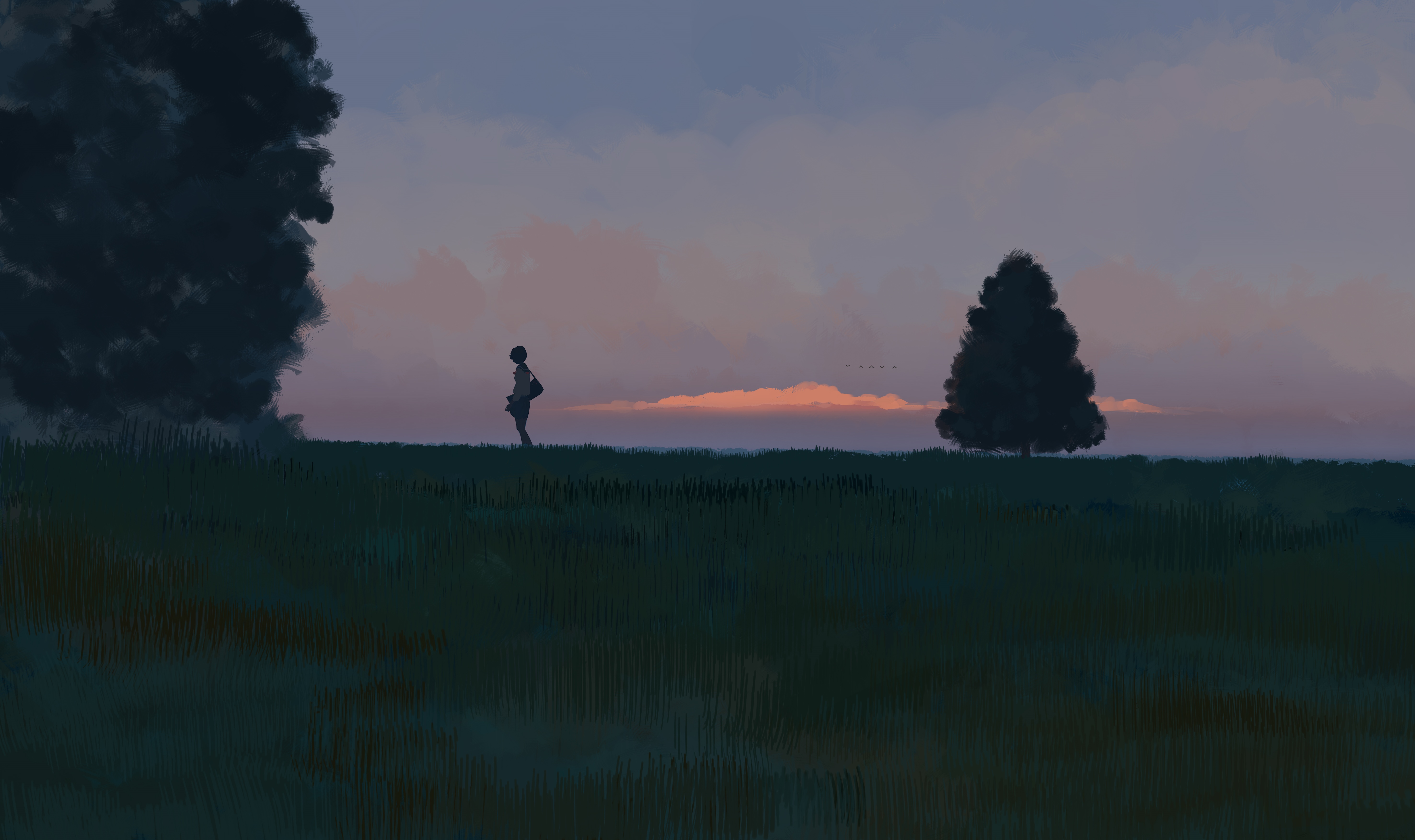 Anime schoolgirl walking in a grassy field at dusk HD Wallpaper