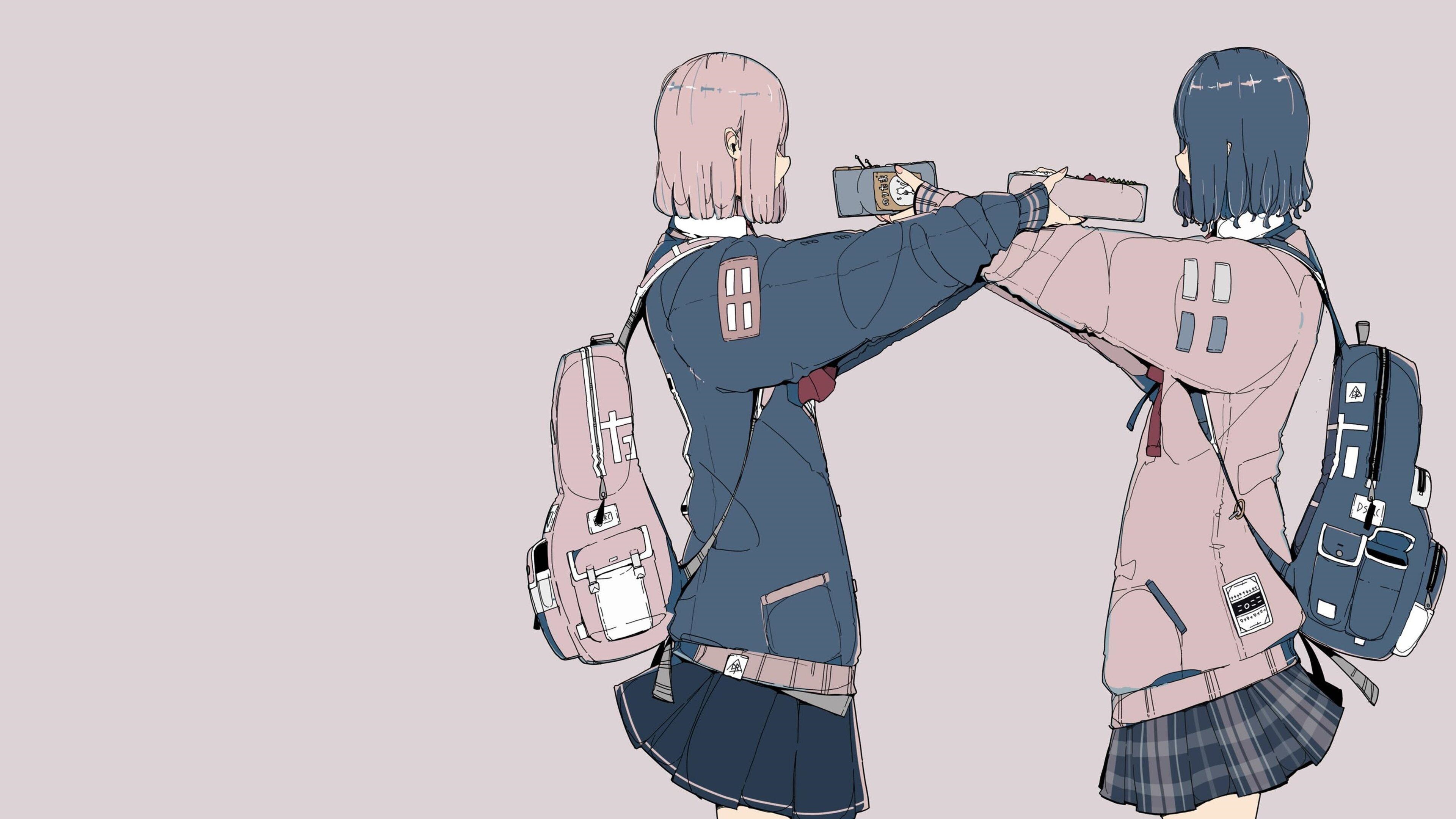 4K schoolgirls with backpacks HD Wallpaper