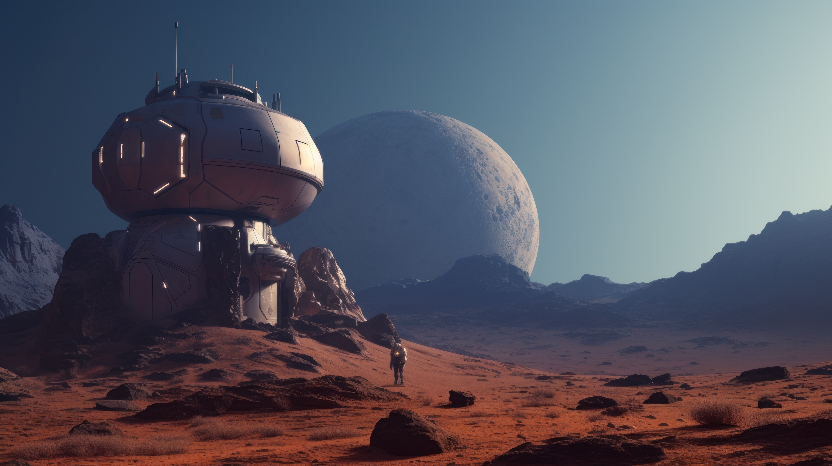 Astronaut on Mars near a futuristic dome with a large planet in the sky HD Wallpaper