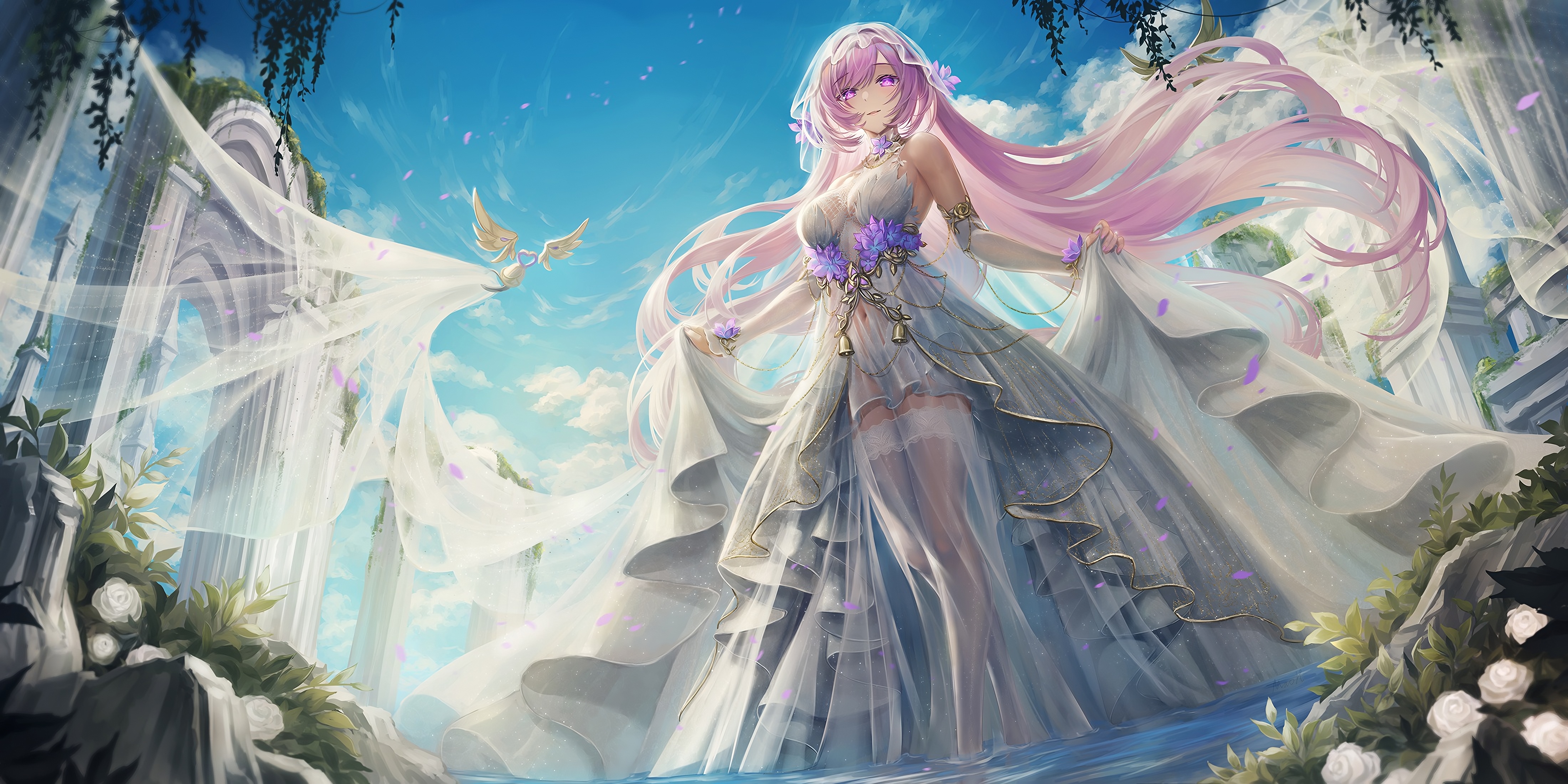 Elysia in a white wedding dress with pink hair HD Wallpaper
