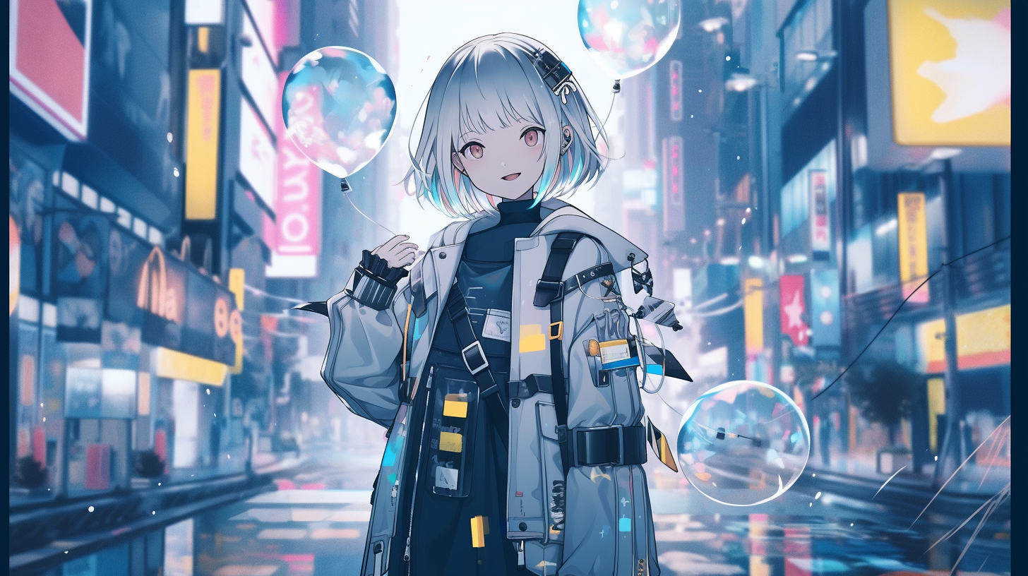 Anime girl with short hair holding balloons in a city HD Wallpaper