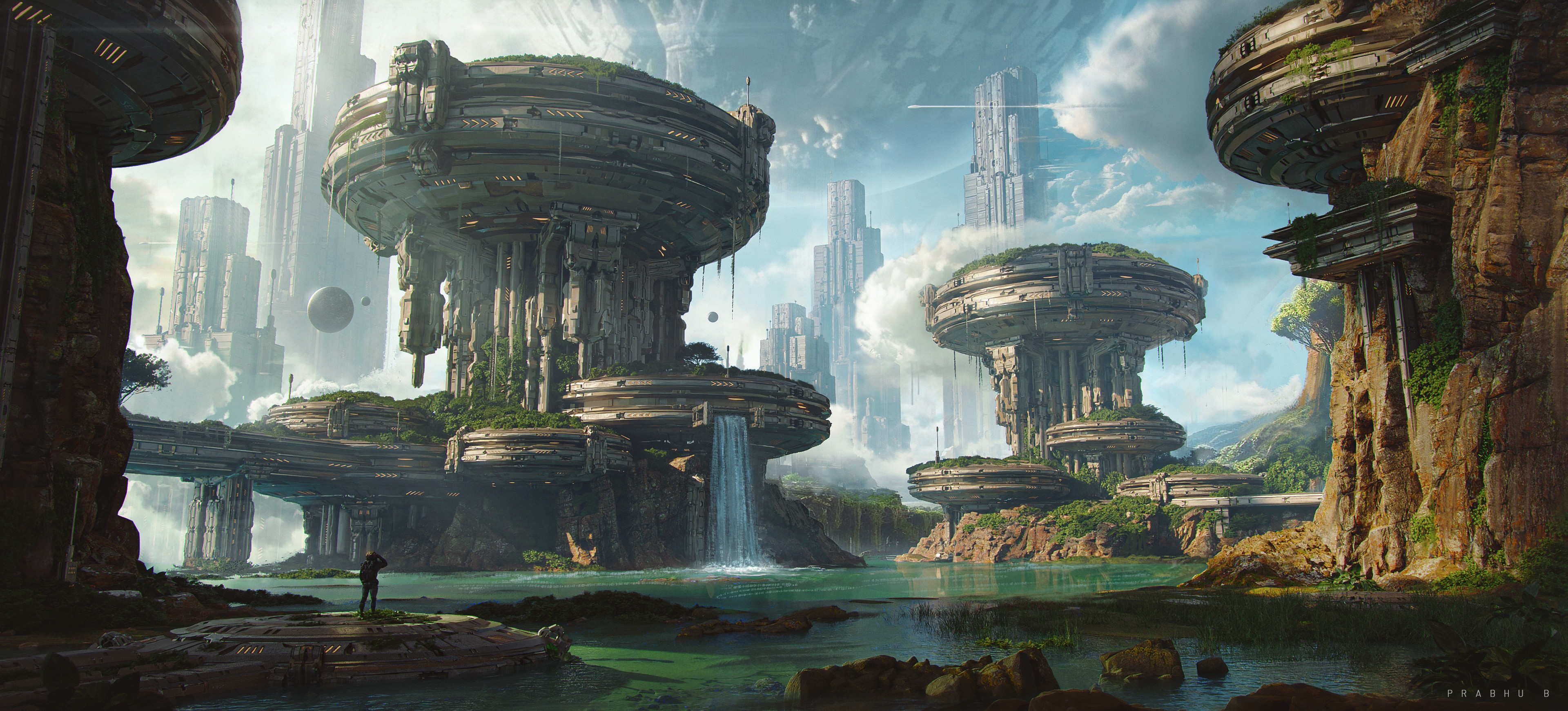 4K Futuristic City with Waterfalls and Nature HD Wallpaper