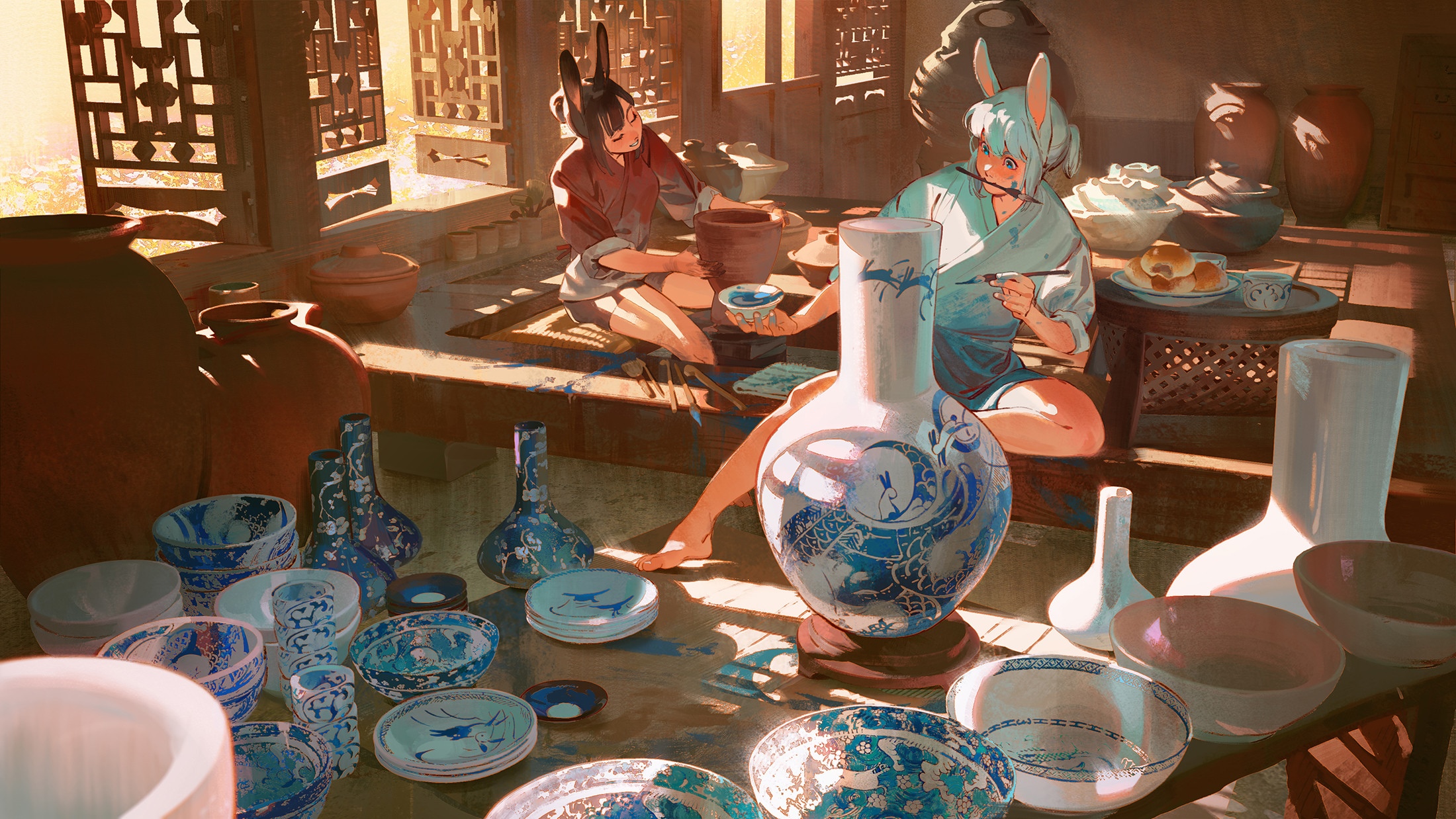 Bunny-eared people painting porcelain vases in a sunlit room HD Wallpaper