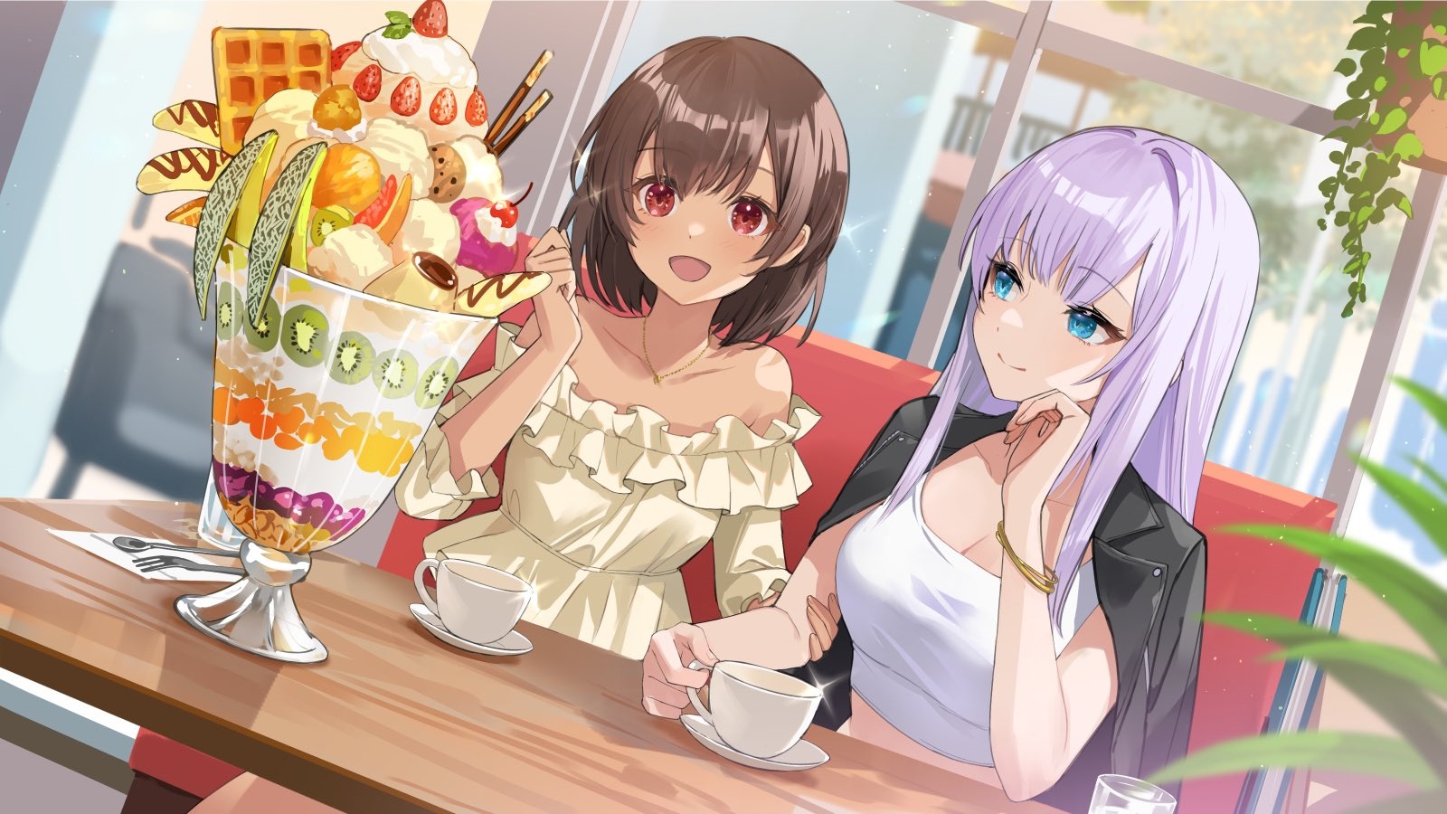 Two anime girls enjoying a large parfait and coffee HD Wallpaper