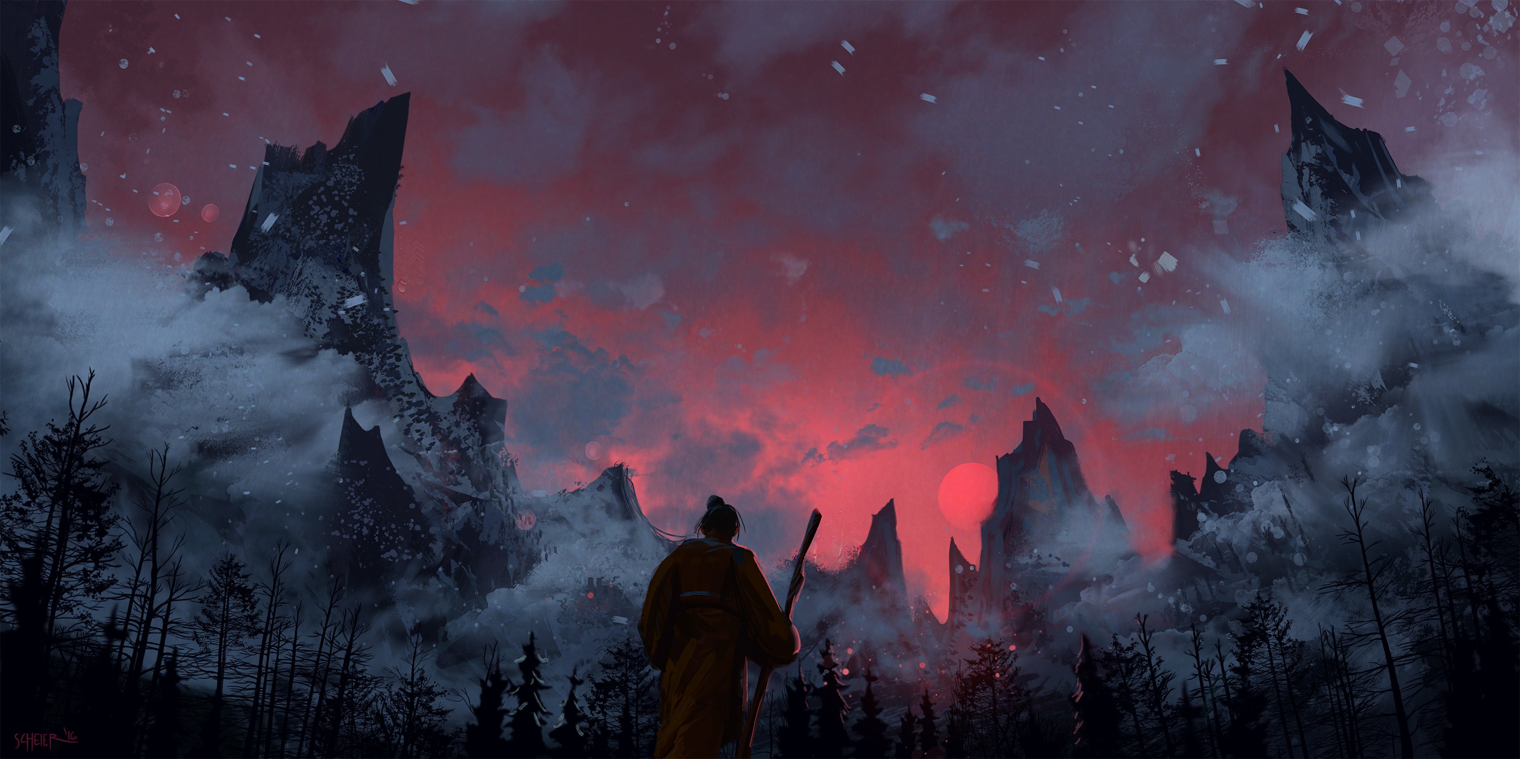 Man with sword in front of red sunset mountains HD Wallpaper