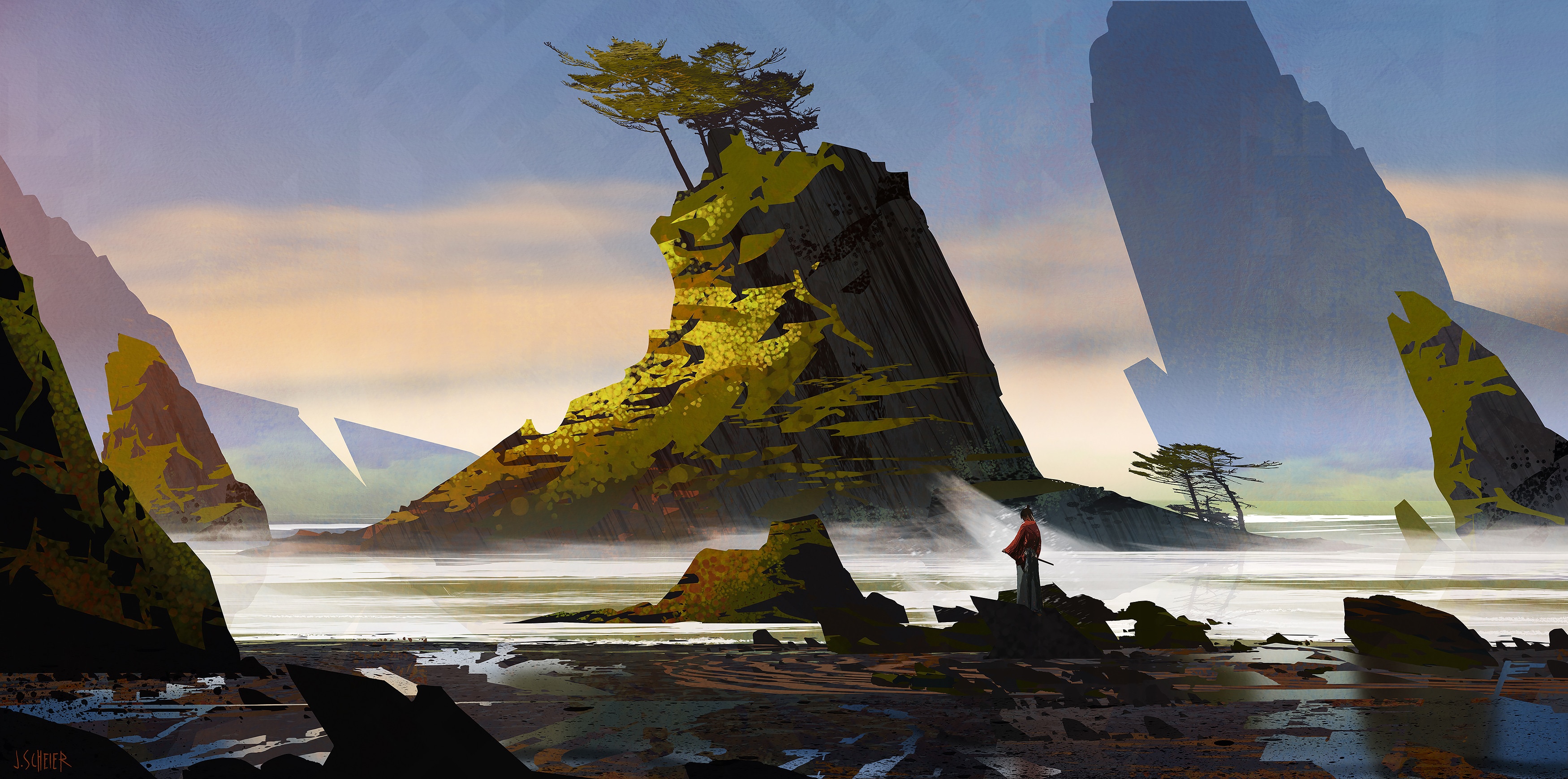 Samurai on a rocky shore with dramatic cliffs HD Wallpaper