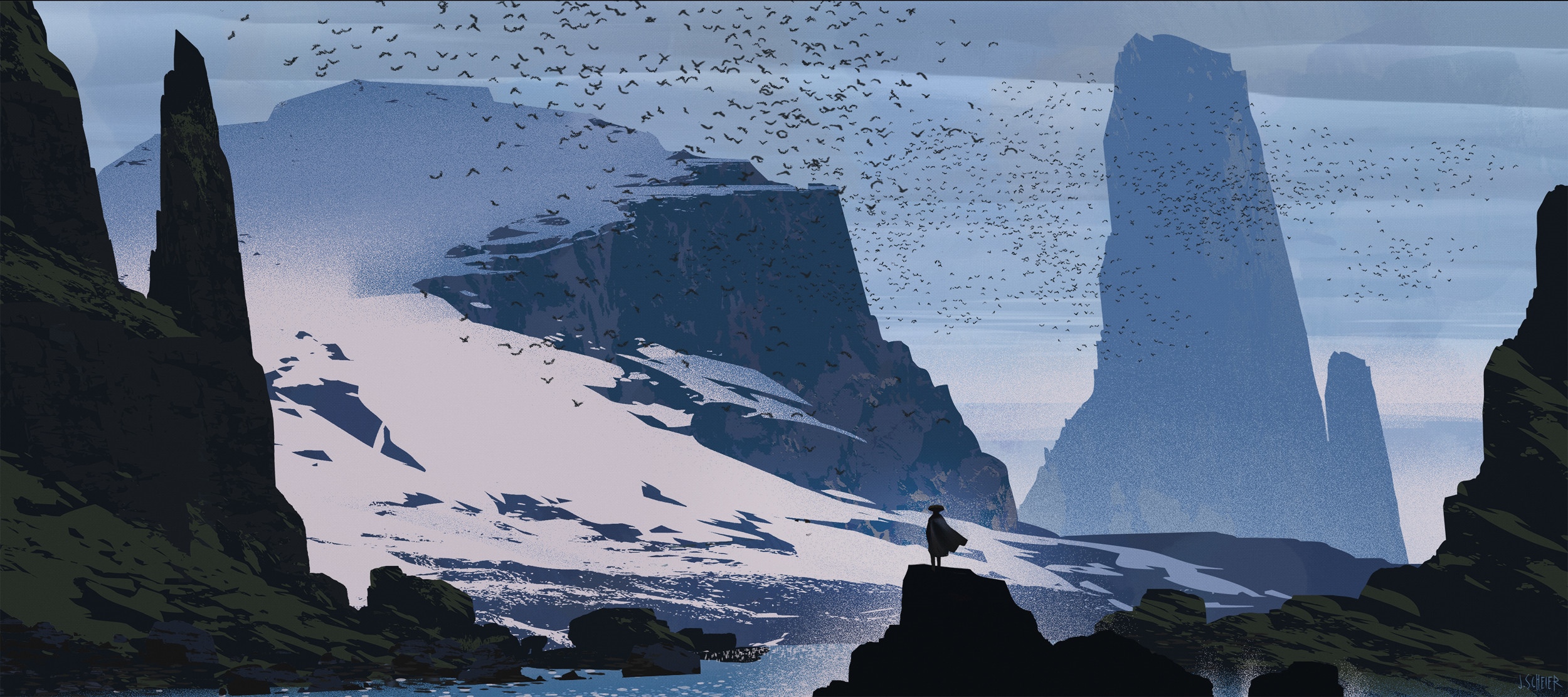 Artwork of a lone figure overlooking a snowy landscape with birds HD Wallpaper