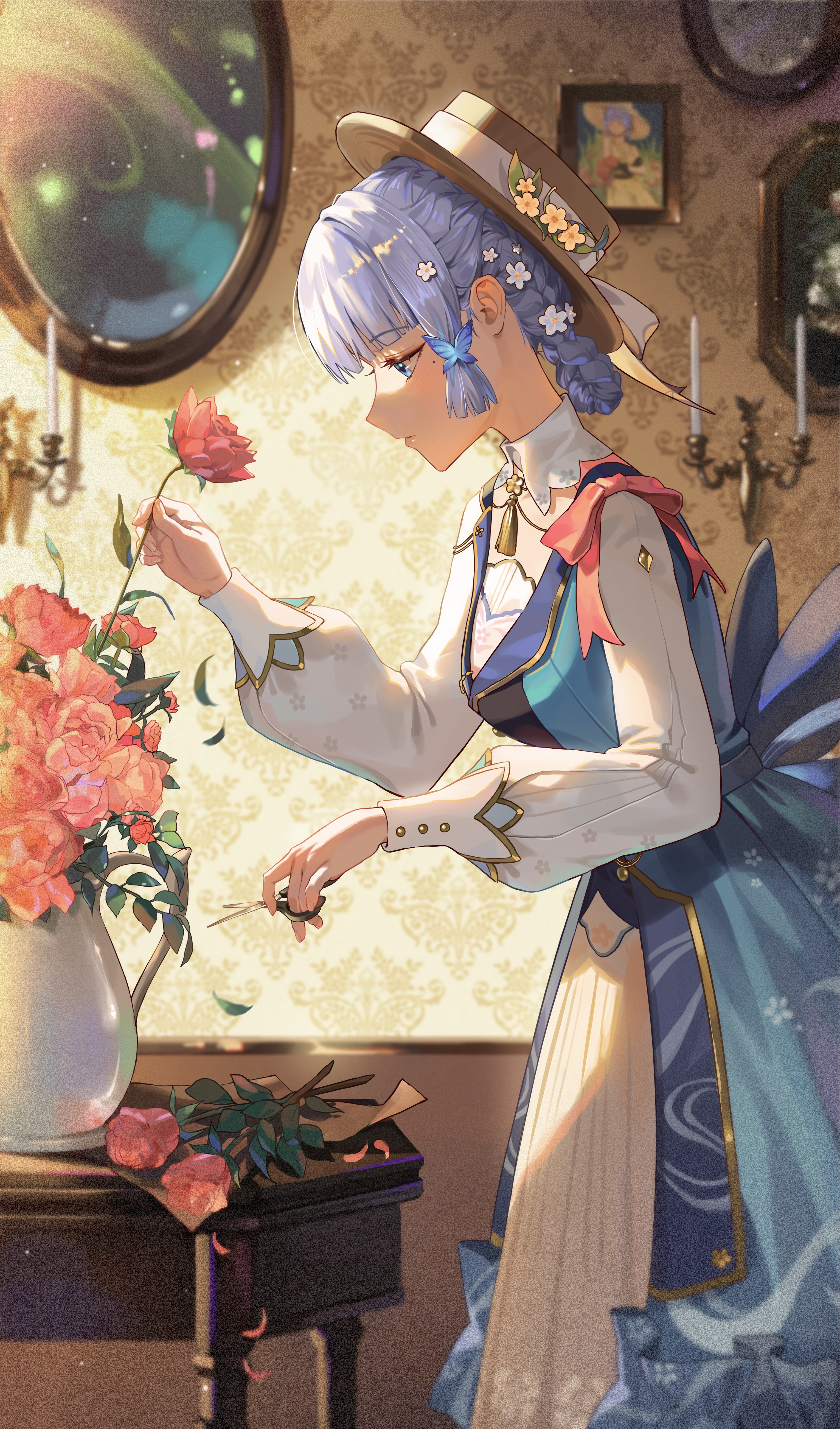 Kamisato Ayaka arranging flowers with scissors HD Phone Wallpaper