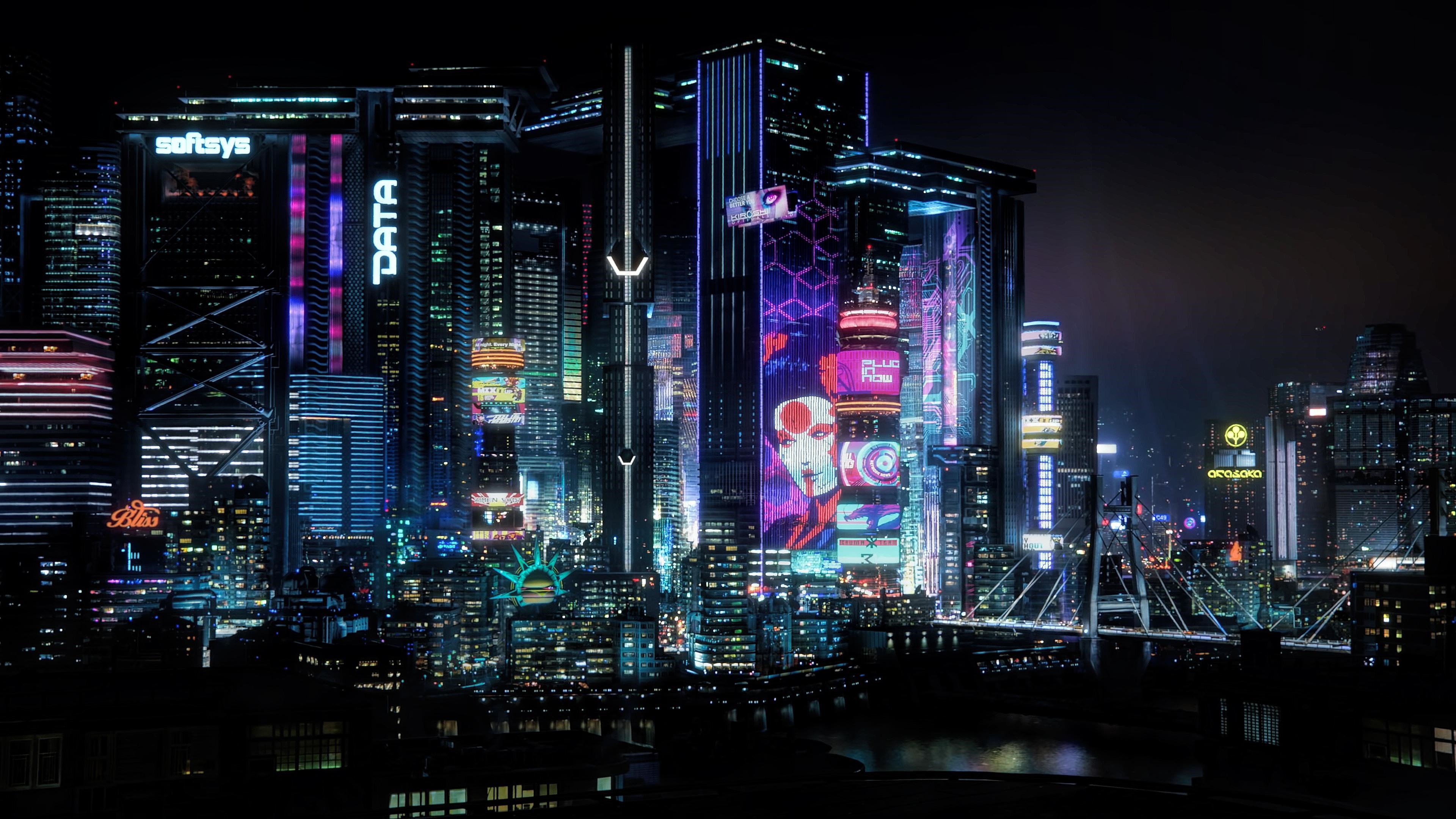 4K Cyberpunk Cityscape at Night with Bridges HD Wallpaper