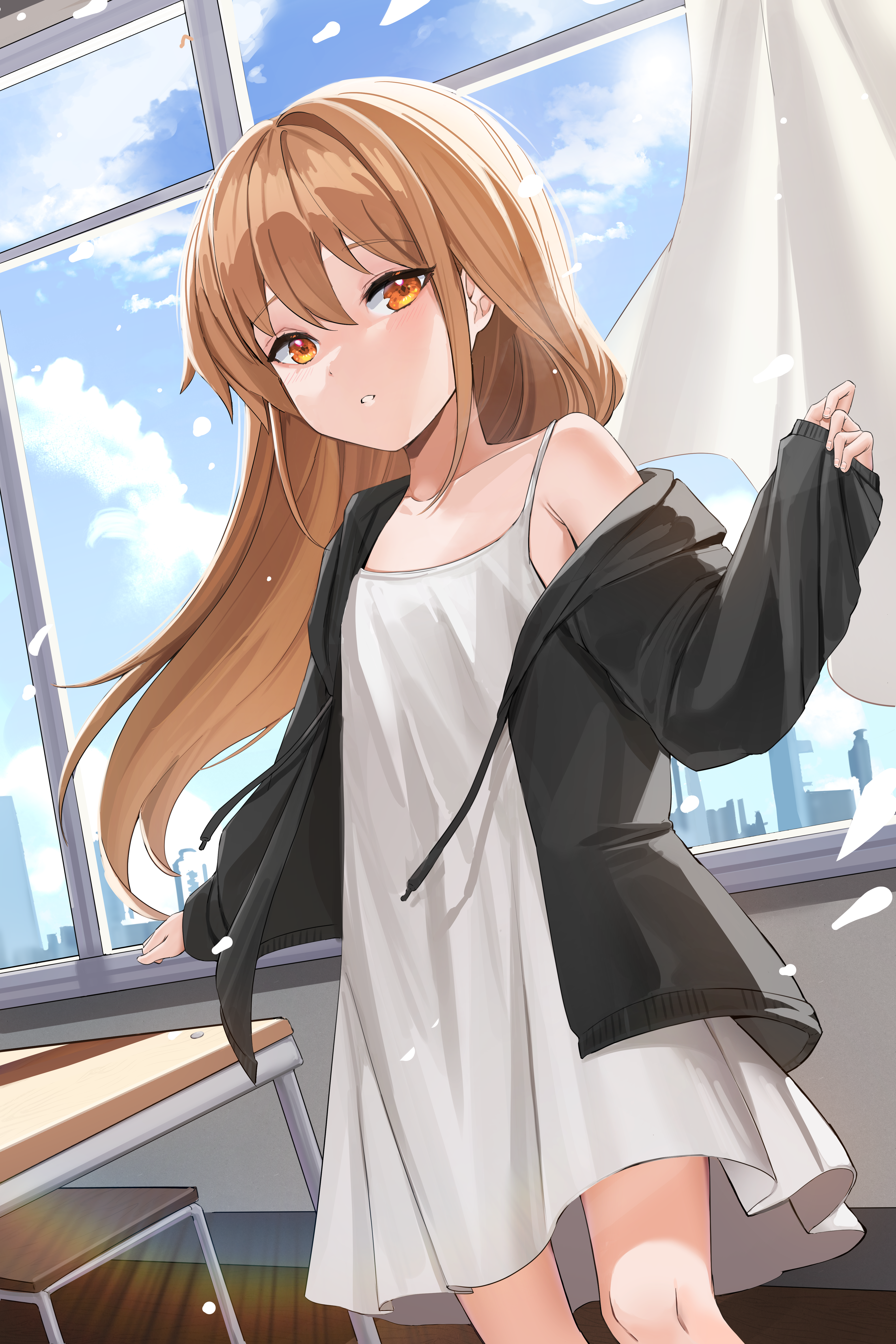 4K anime girl in white dress by the window HD Phone Wallpaper