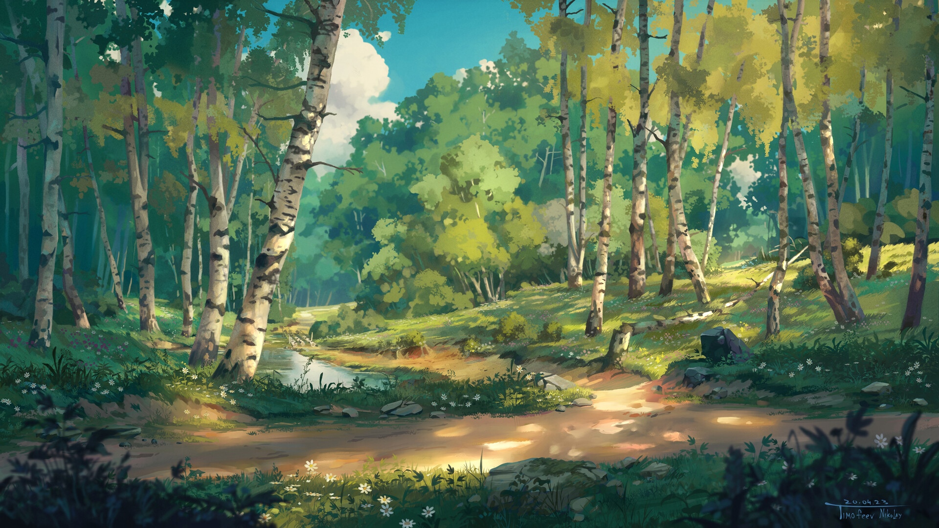Forest path with birch trees and a stream by Nikolay Timofeev HD Wallpaper