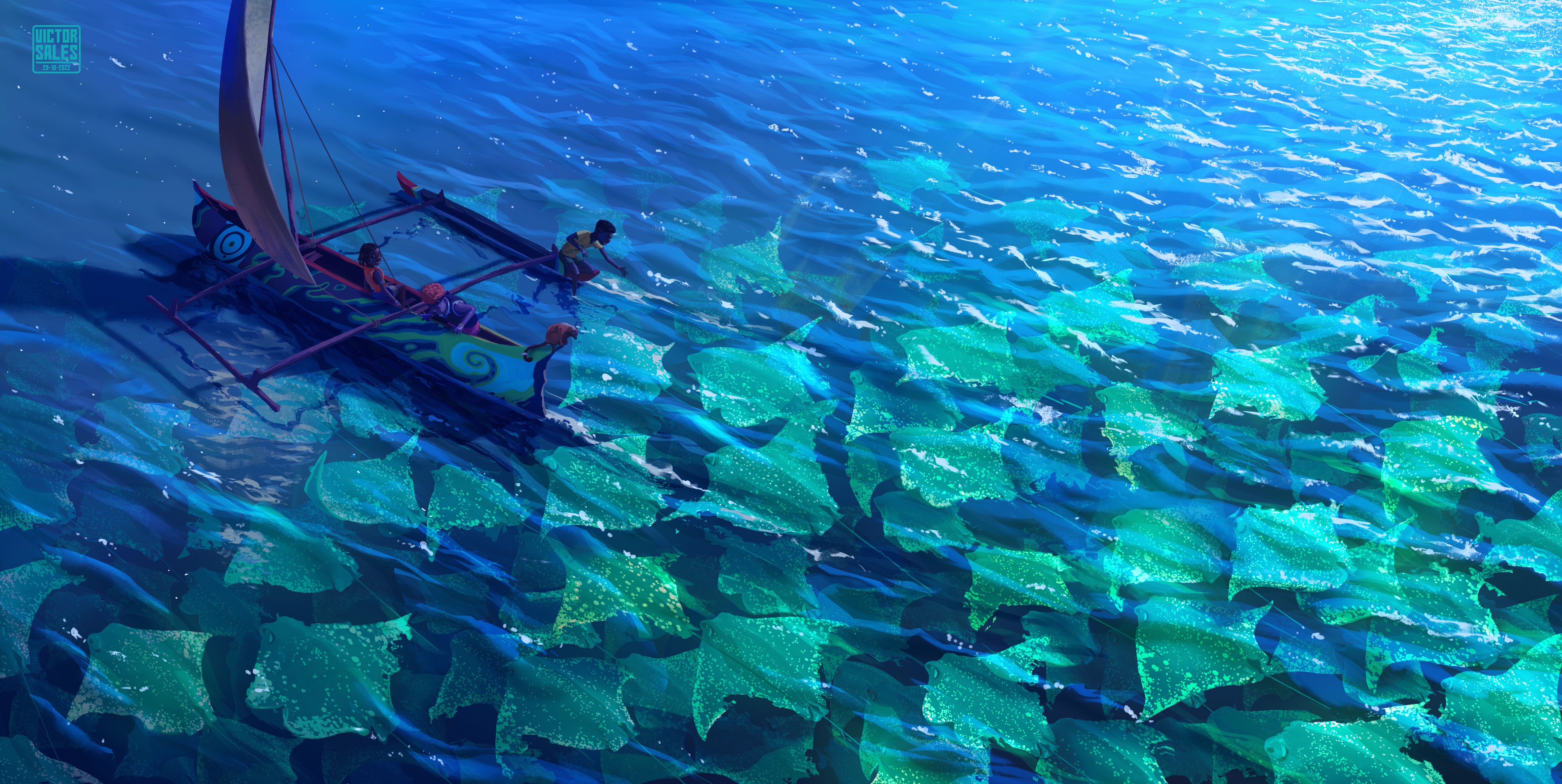4K boat sailing among manta rays HD Wallpaper