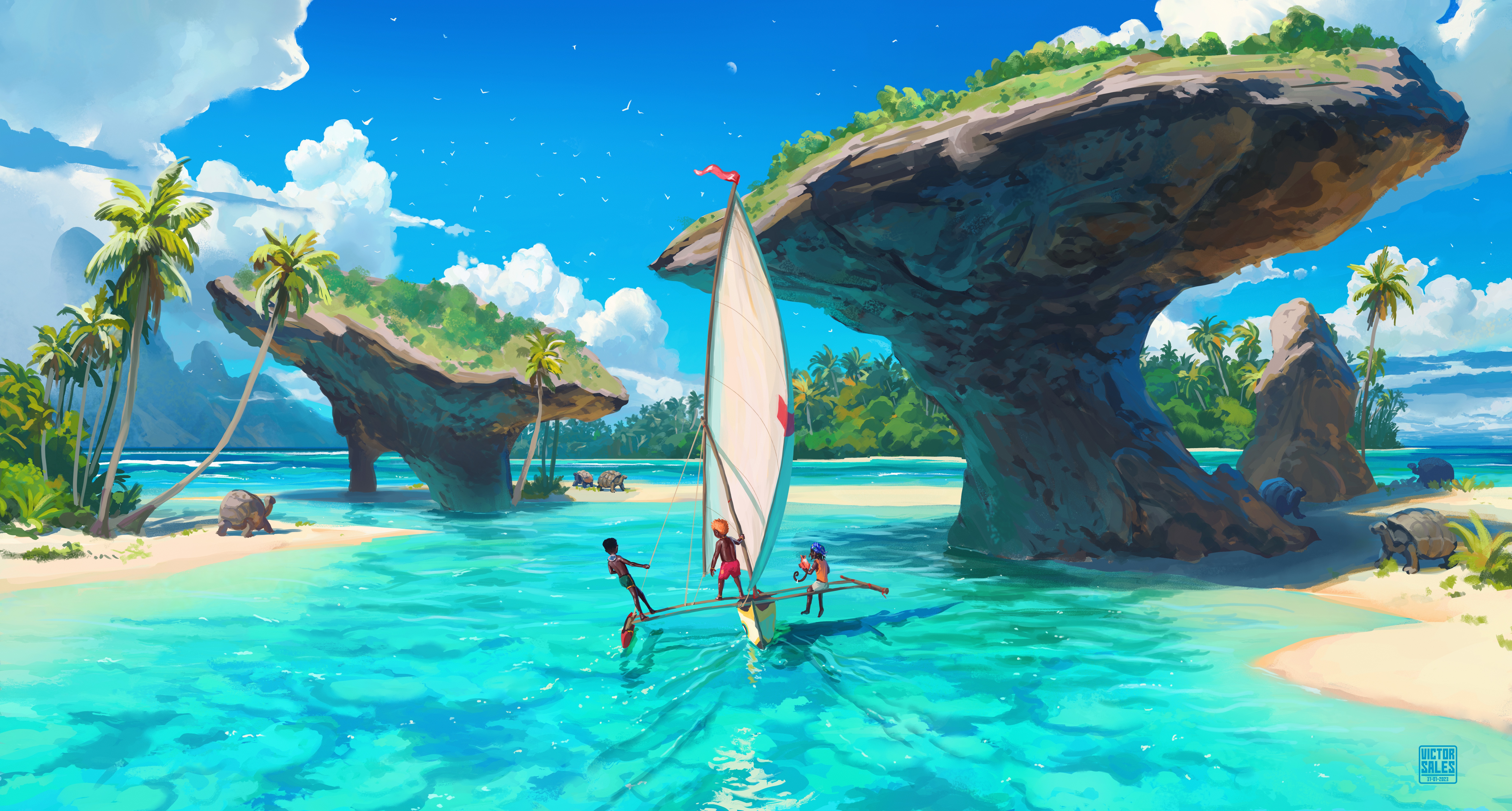 4K Tropical Island with Sailboat and Turtles HD Wallpaper