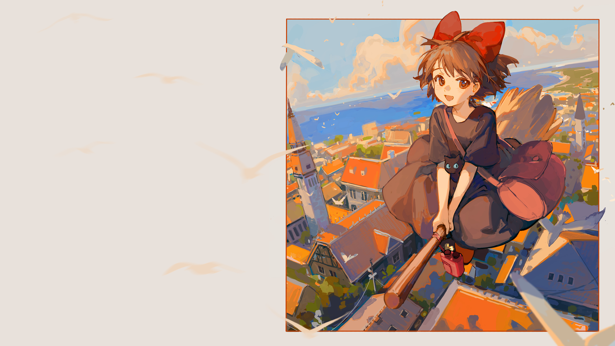 Kiki Flying Over a Town with Jiji HD Wallpaper