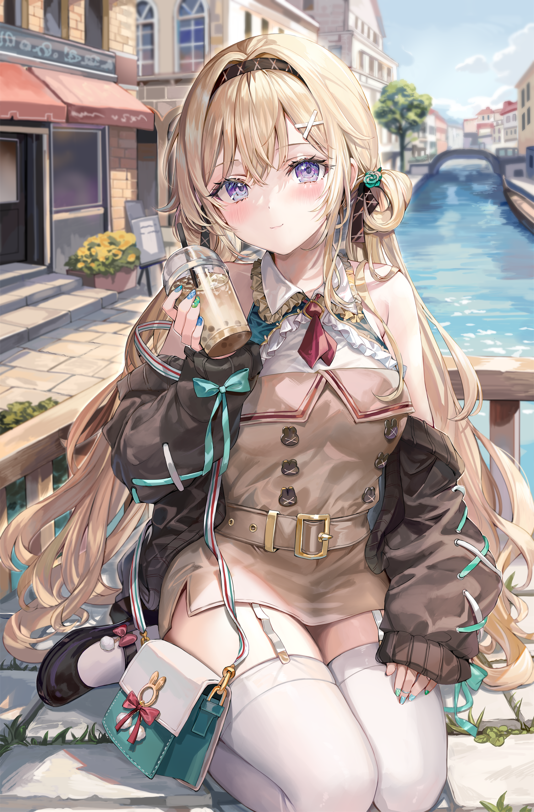 Anime girl with bubble tea in Venice HD Phone Wallpaper