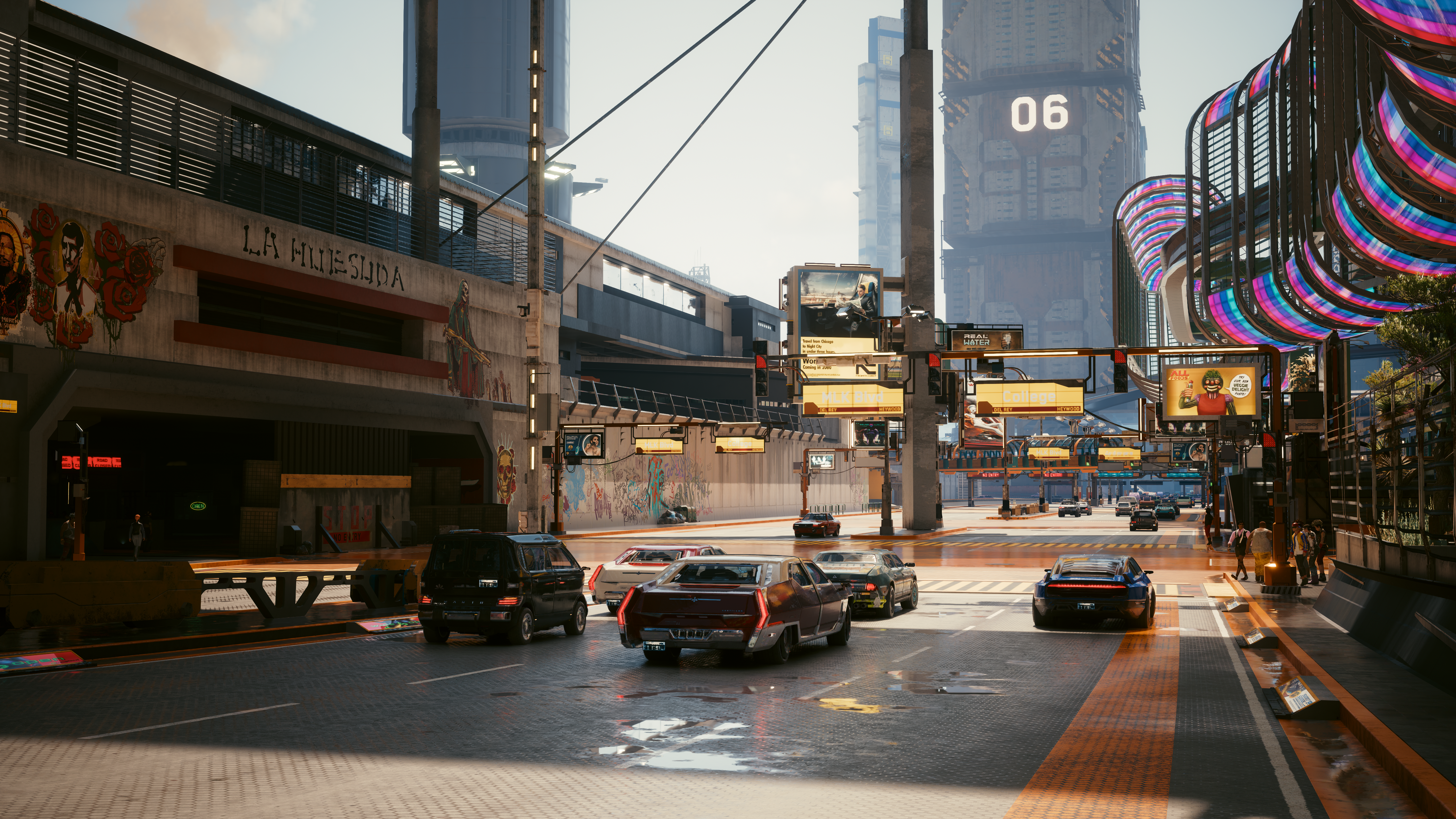Cyberpunk 2077 city street with cars and buildings HD Wallpaper