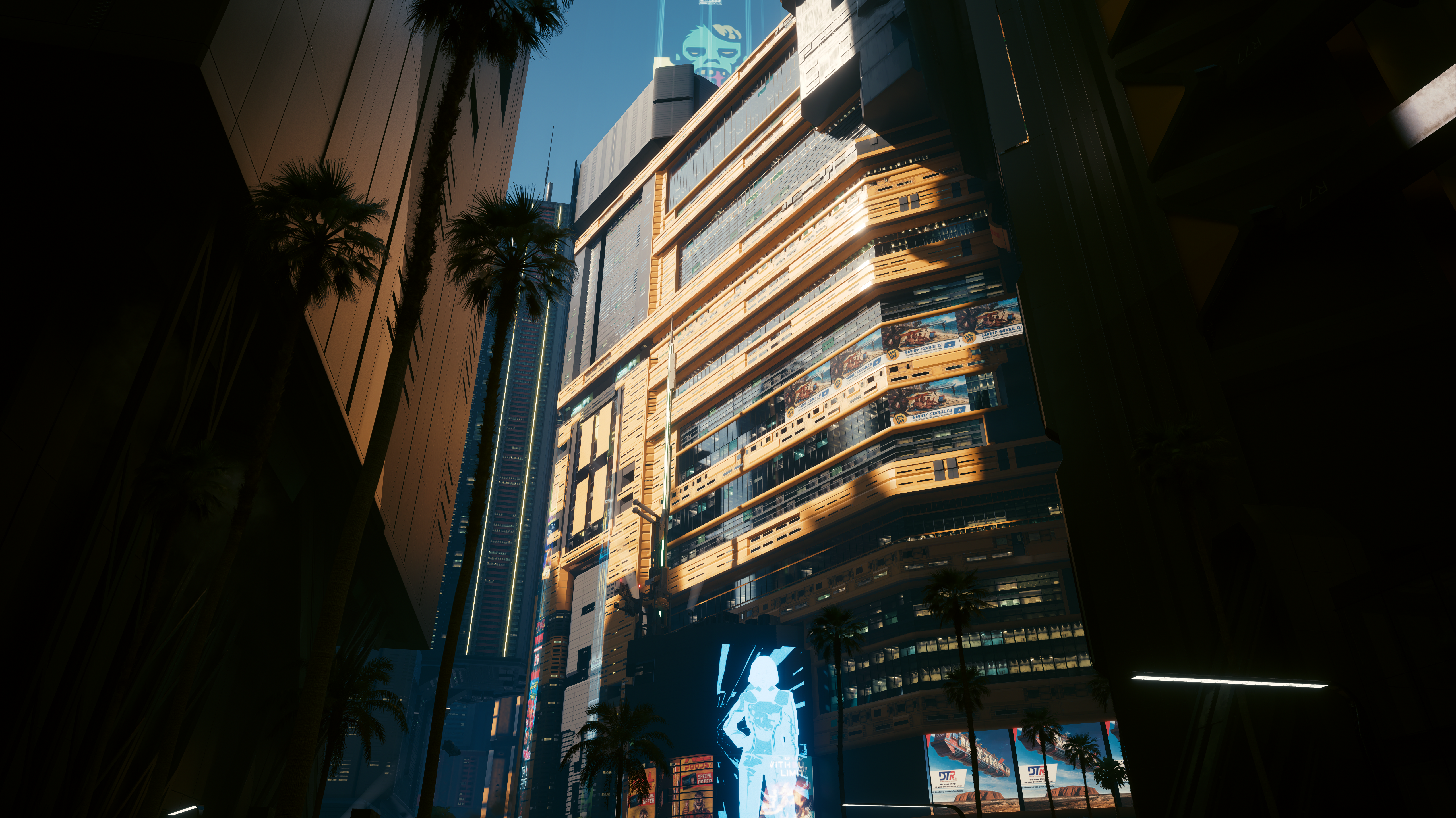 Cyberpunk 2077 building with palm trees in daylight HD Wallpaper