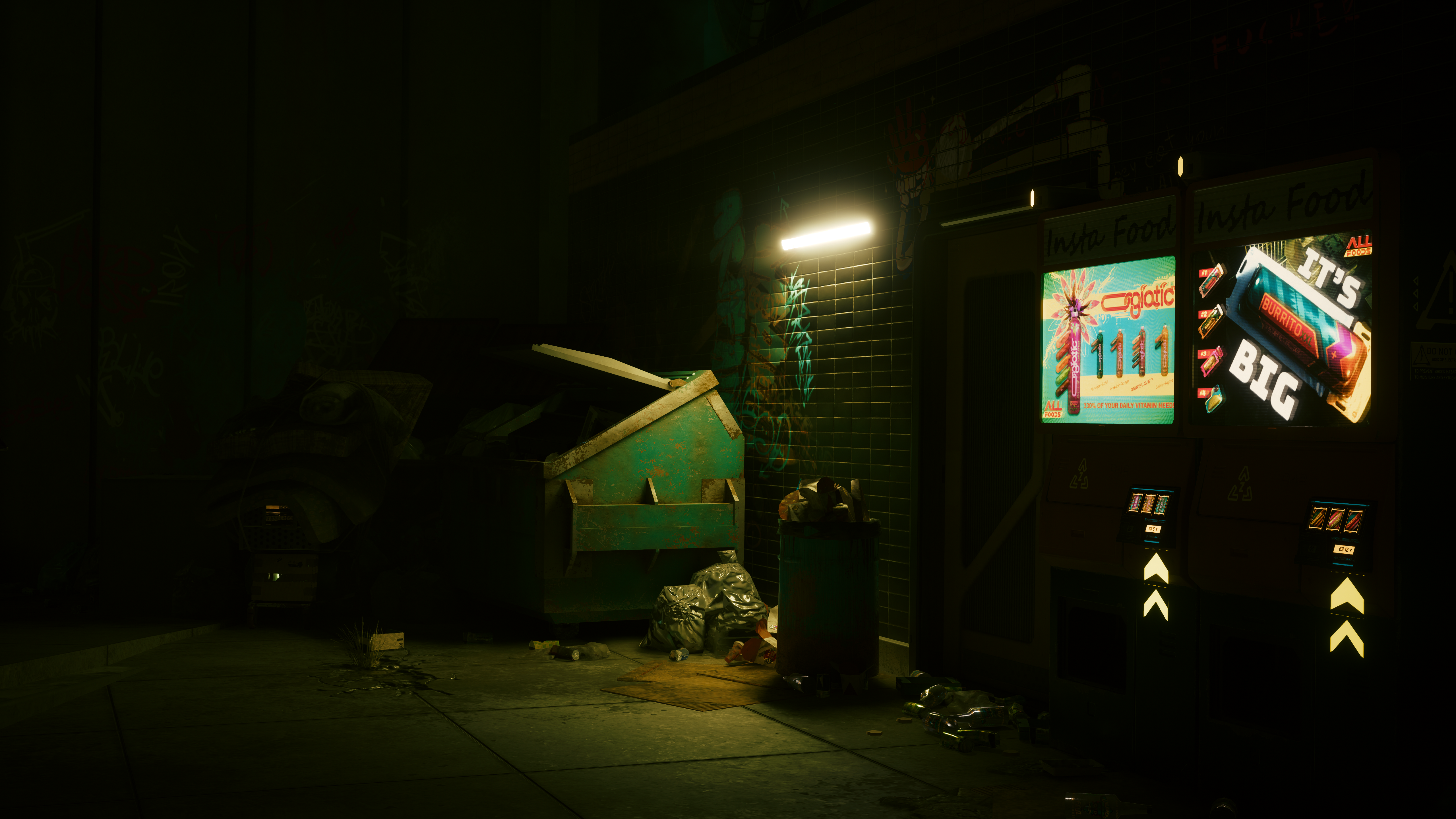 Cyberpunk 2077 alley with vending machines and trash HD Wallpaper