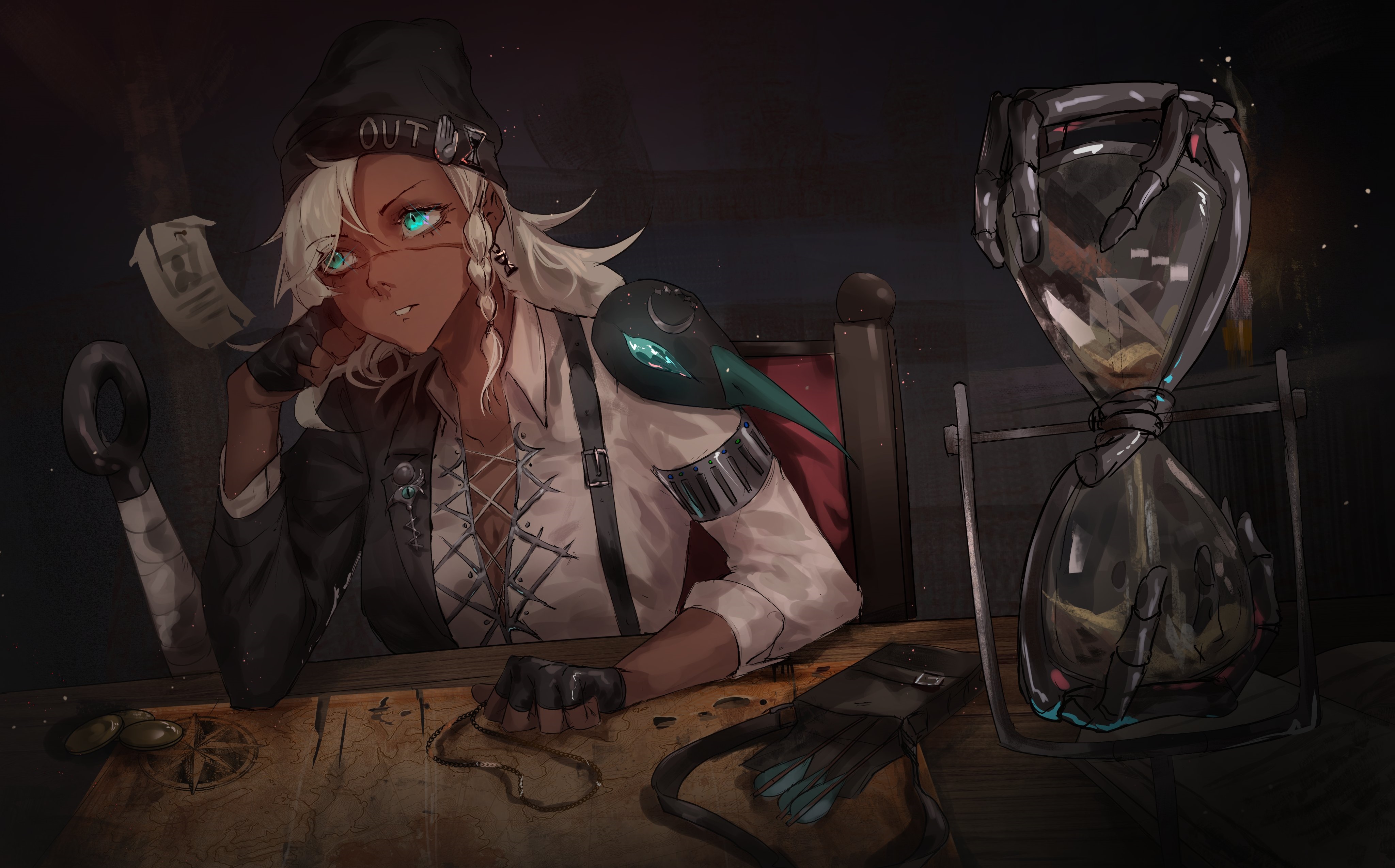 4K anime character with hourglass and map HD Wallpaper