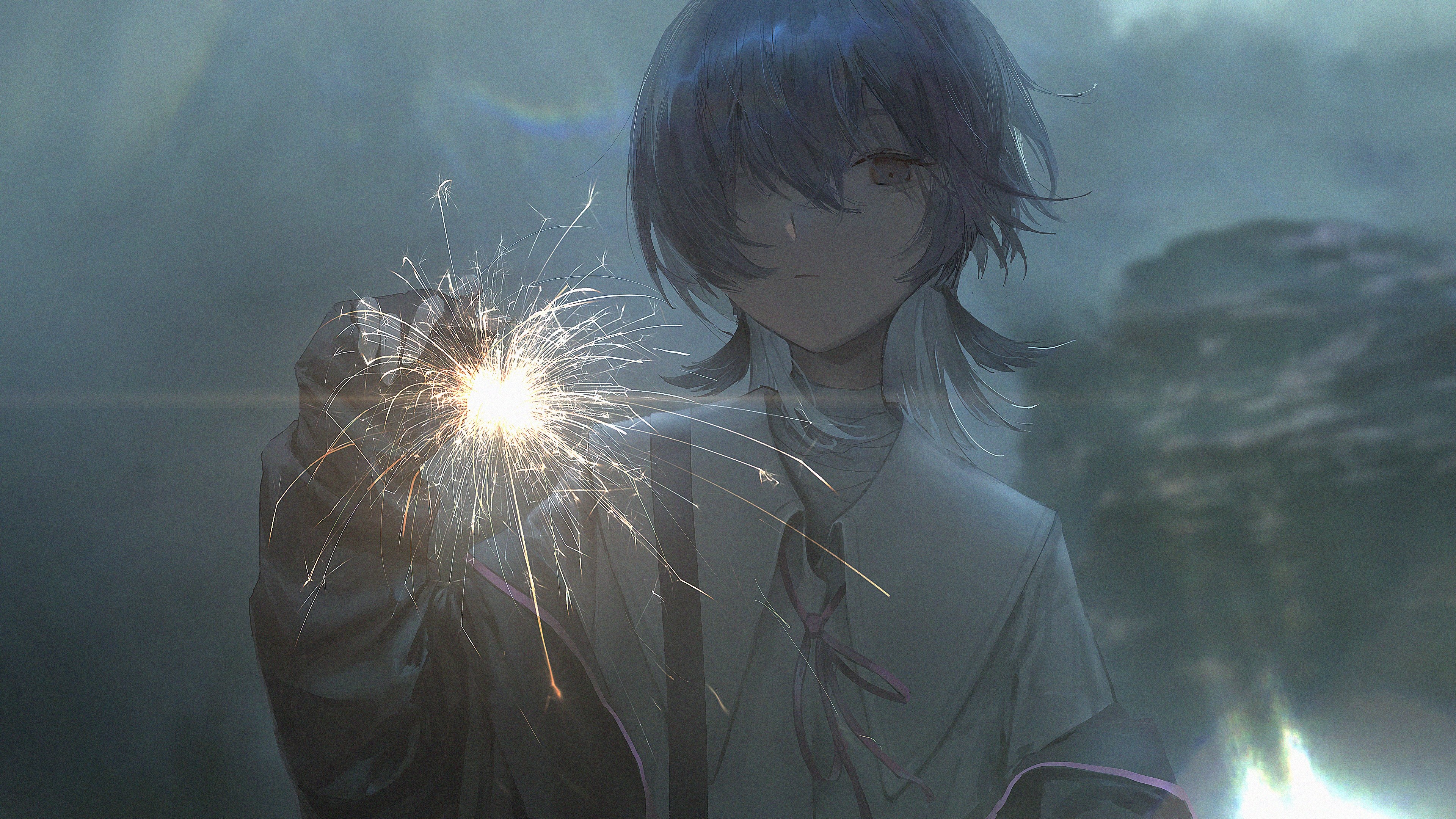 4K Anime Girl Holding Sparkler HD Wallpaper