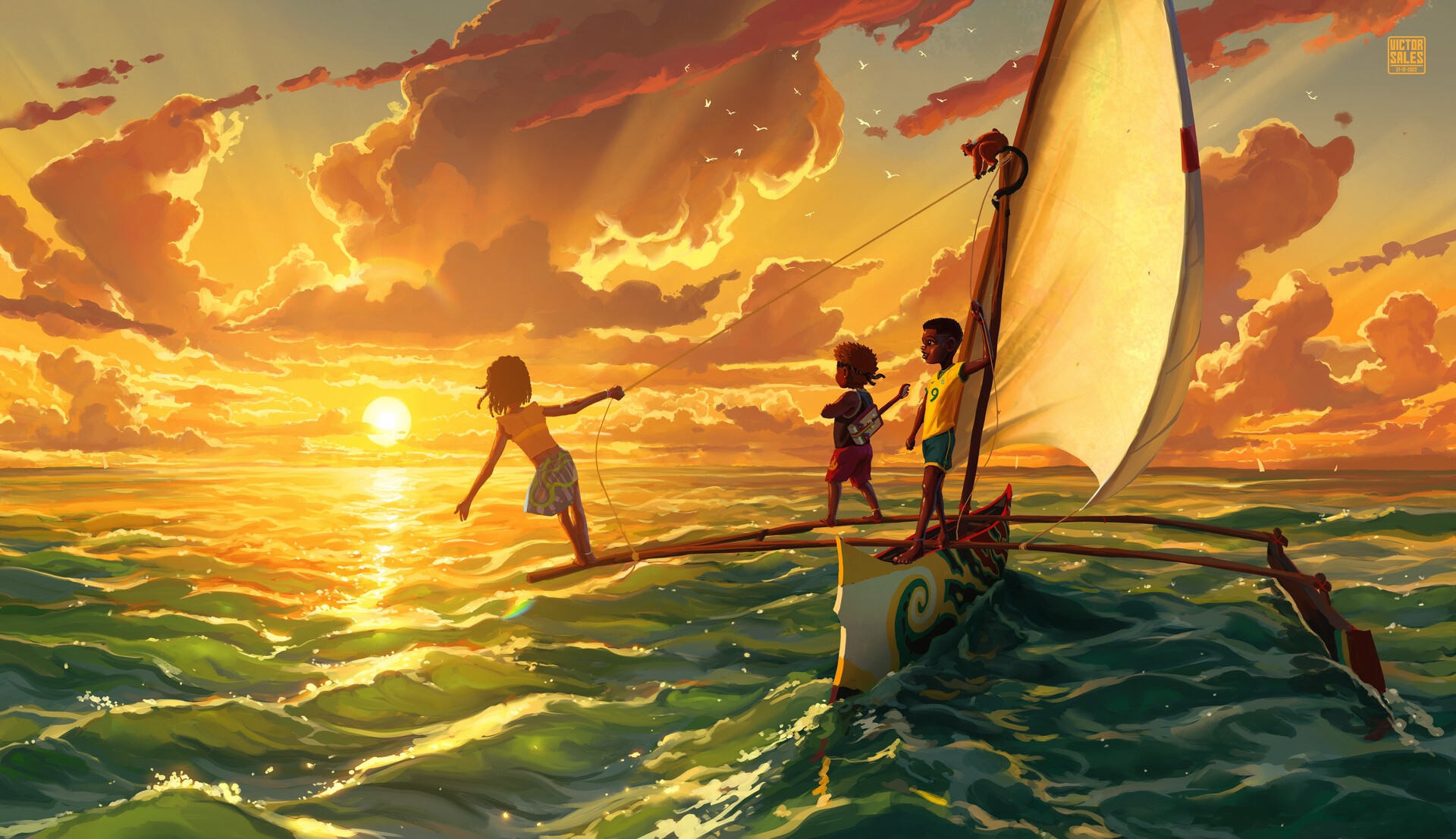Children sailing on a boat at sunset HD Wallpaper