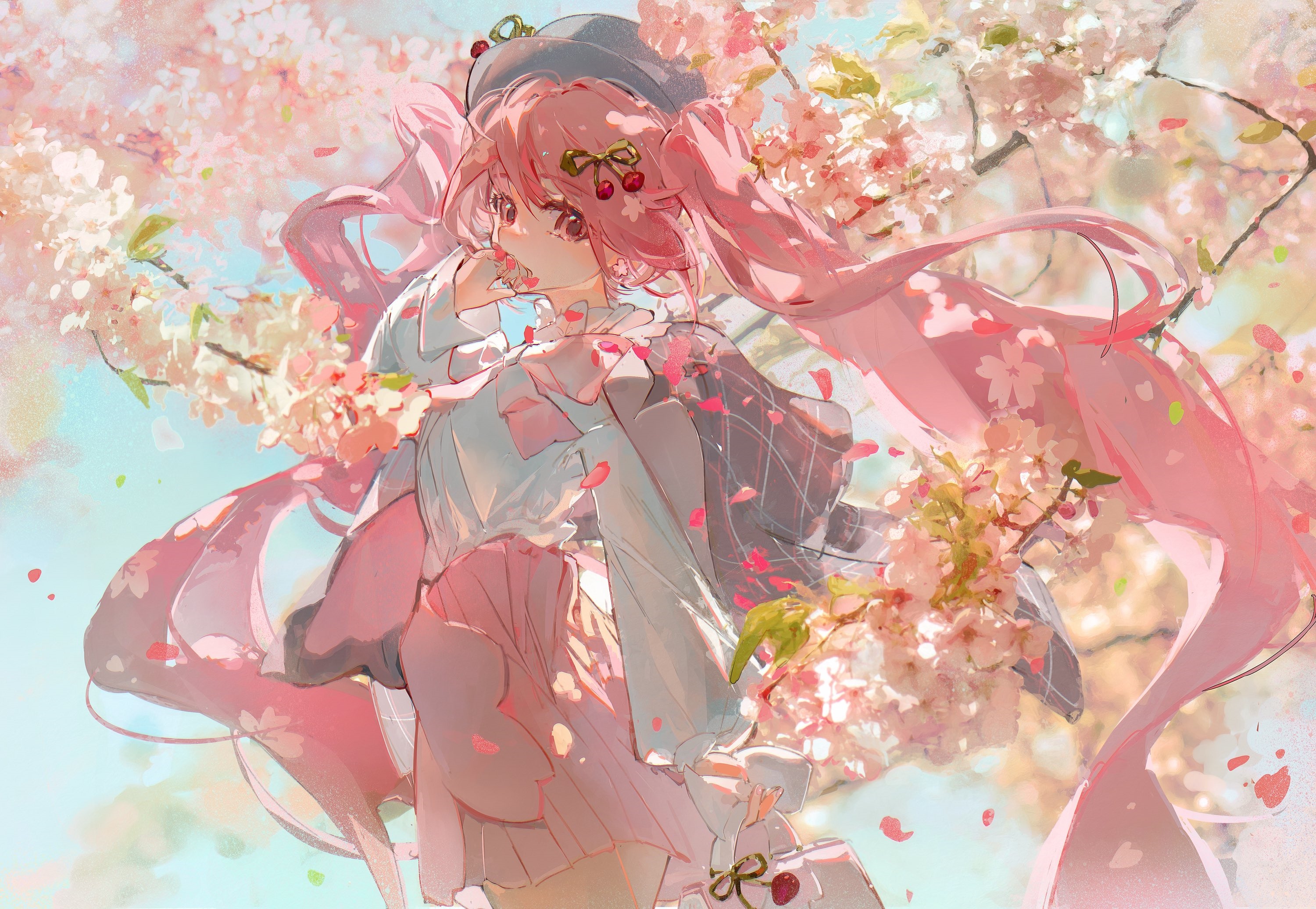Girl with pink hair among cherry blossoms HD Wallpaper