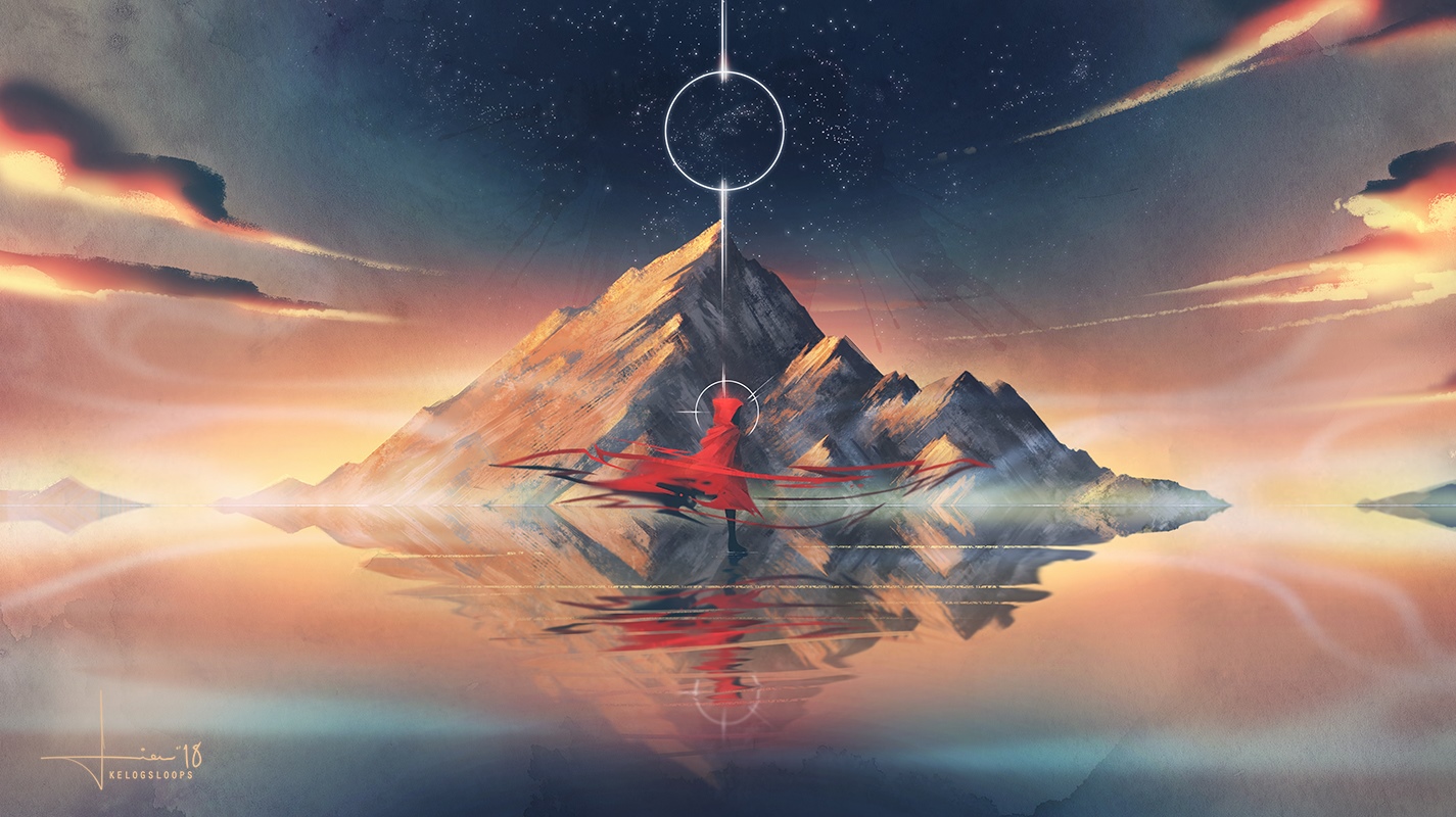 Figure in red standing in water with mountains and reflection HD Wallpaper