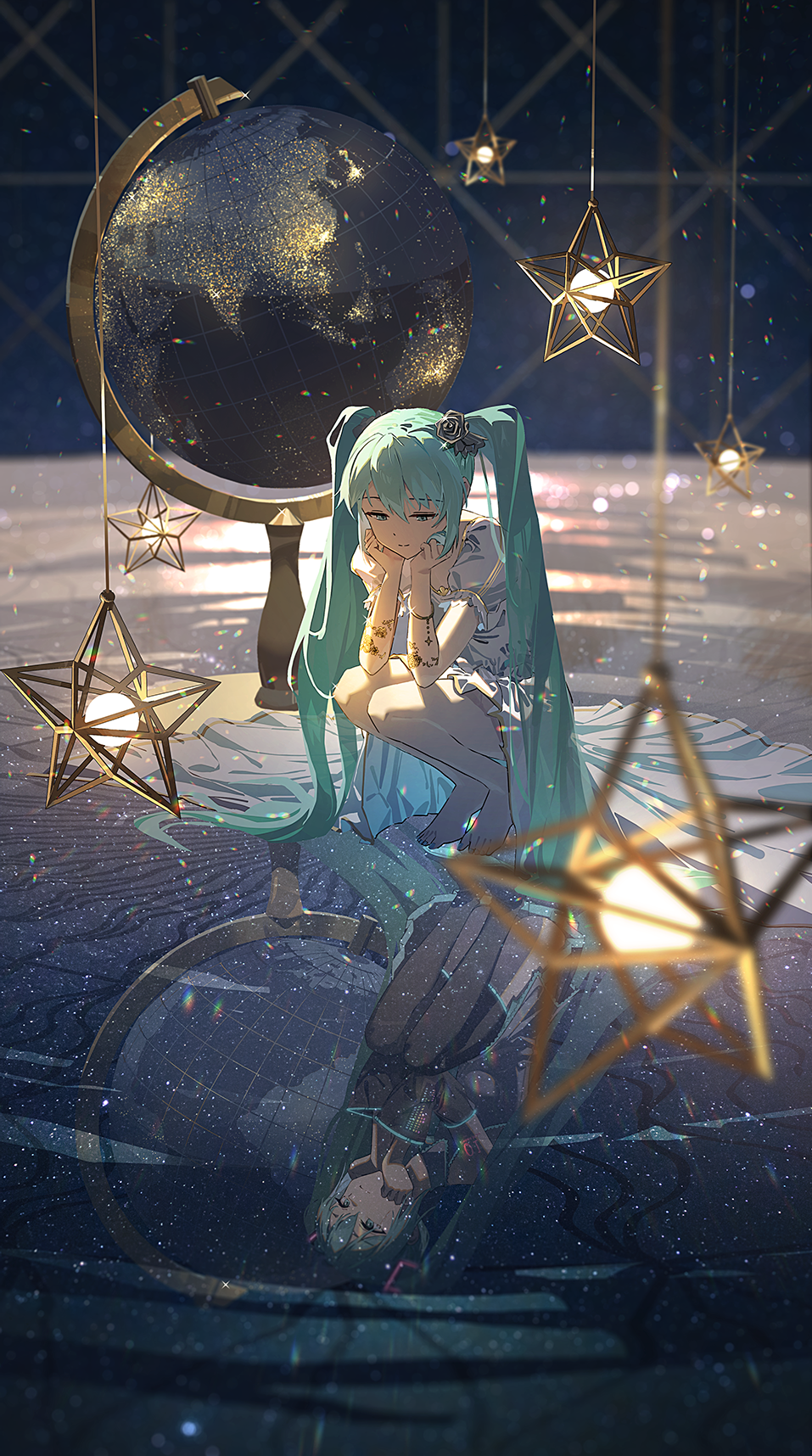 Hatsune Miku with a Globe and Star Ornaments HD Phone Wallpaper
