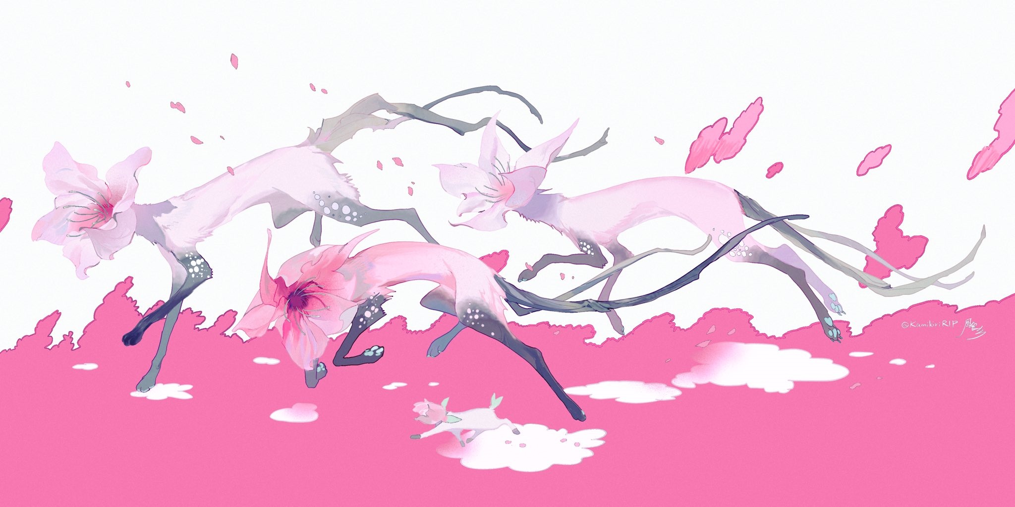 Creatures with flower heads running through pink clouds HD Wallpaper