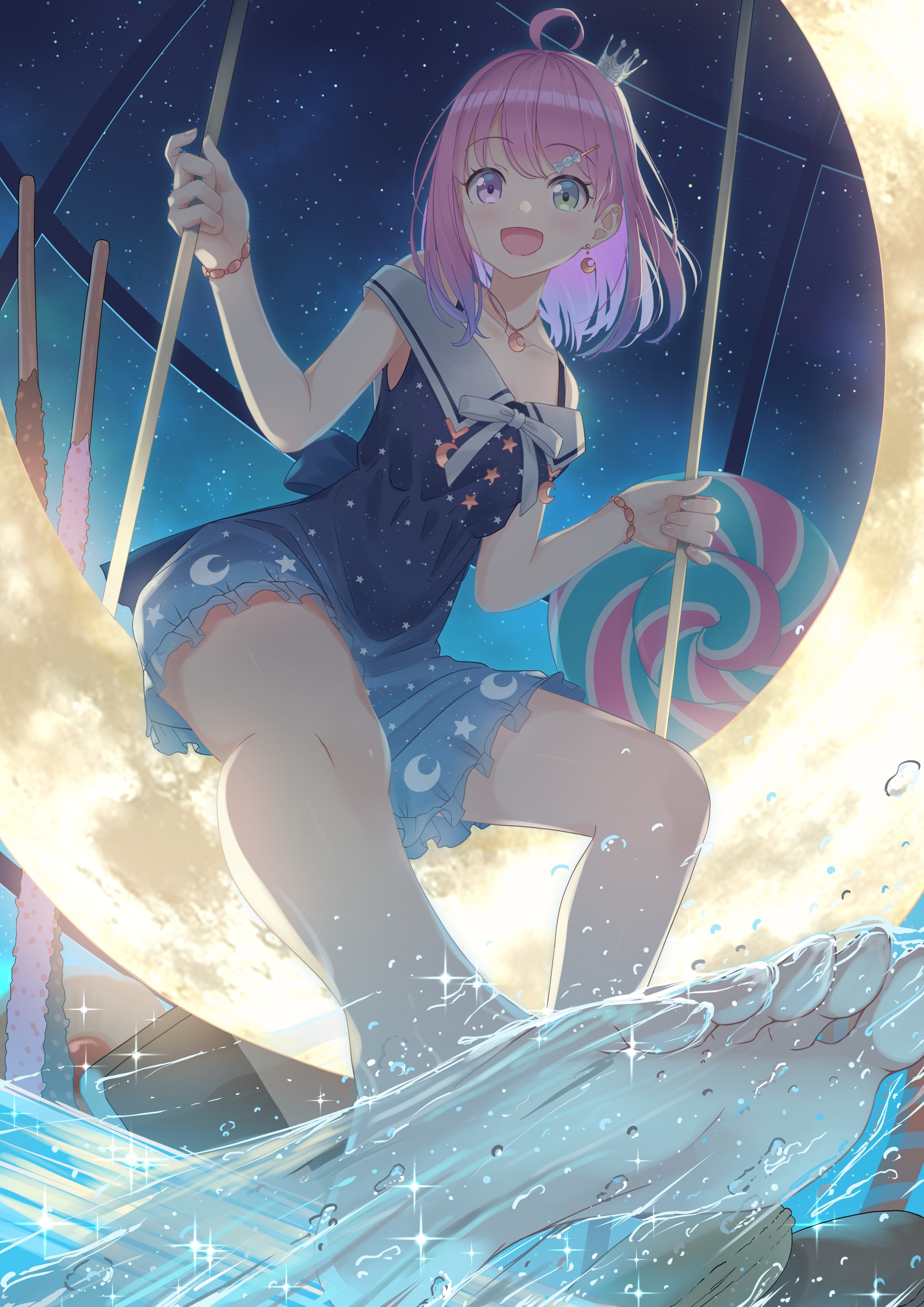 Himemori Luna on a Moon Swing with a Lollipop HD Phone Wallpaper