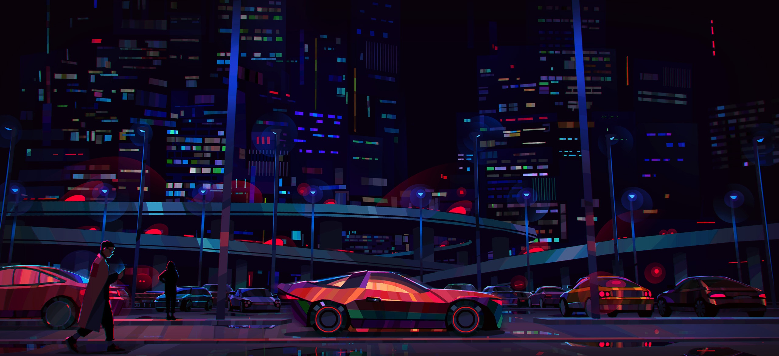 Cyberpunk cityscape with colorful sports car at night HD Wallpaper