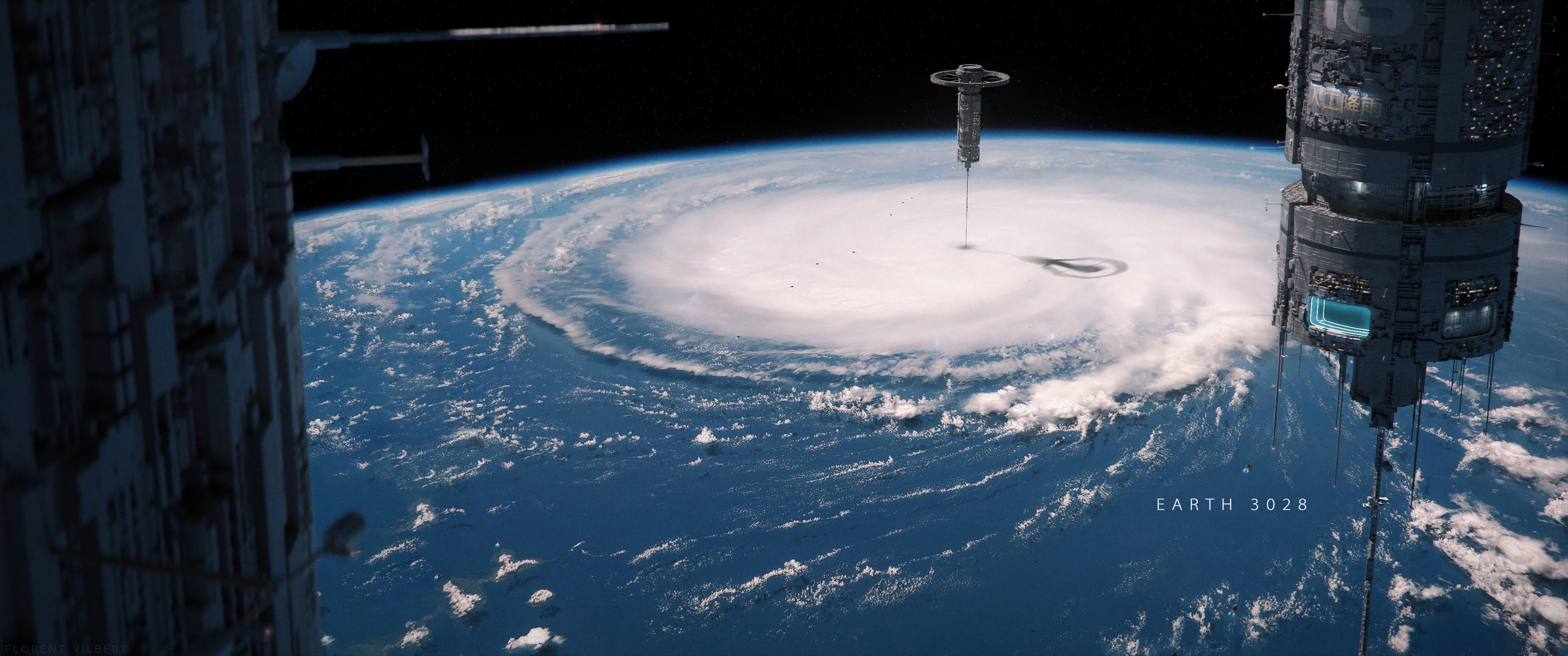 Earth 3028: Space Elevator Above Hurricane HD Wallpaper