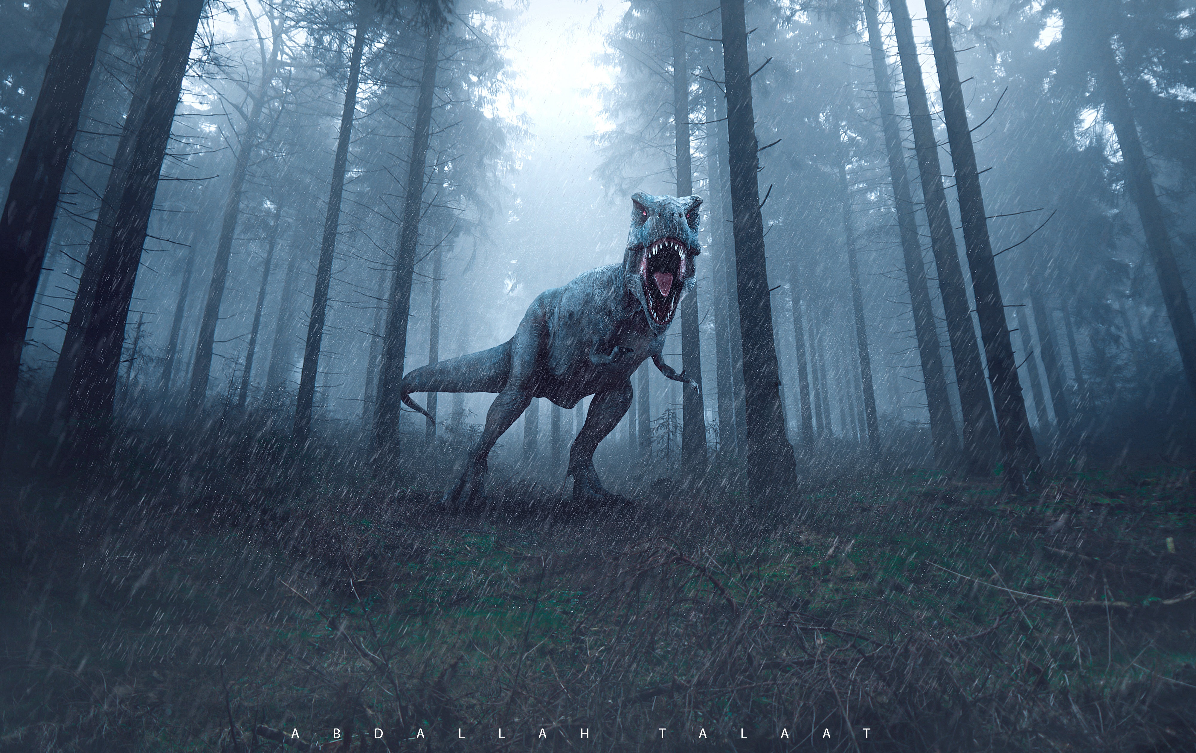 4K Dinosaur in a Misty Forest HD Wallpaper