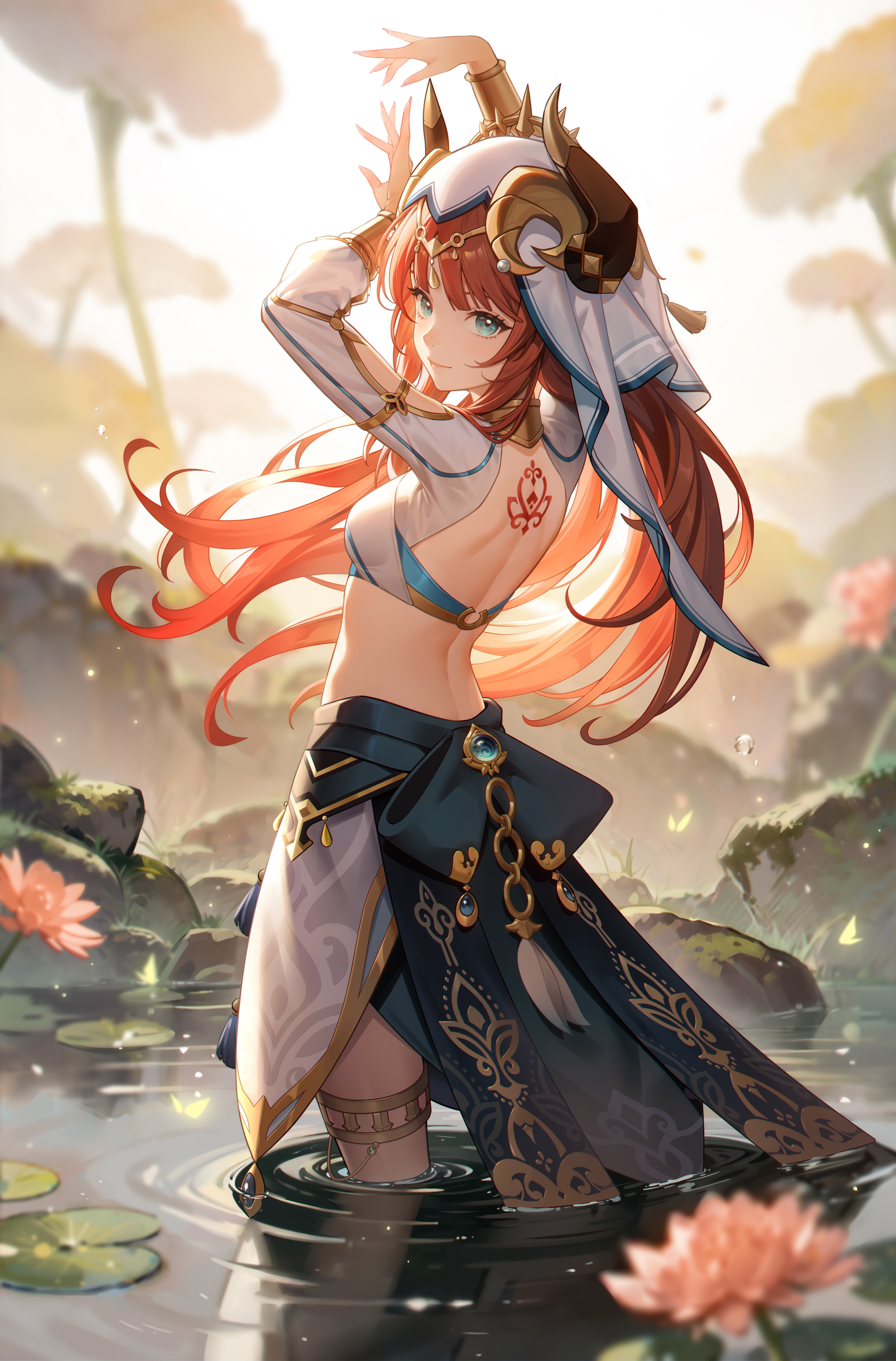 Nilou from Genshin Impact dancing in water with water lilies HD Phone Wallpaper